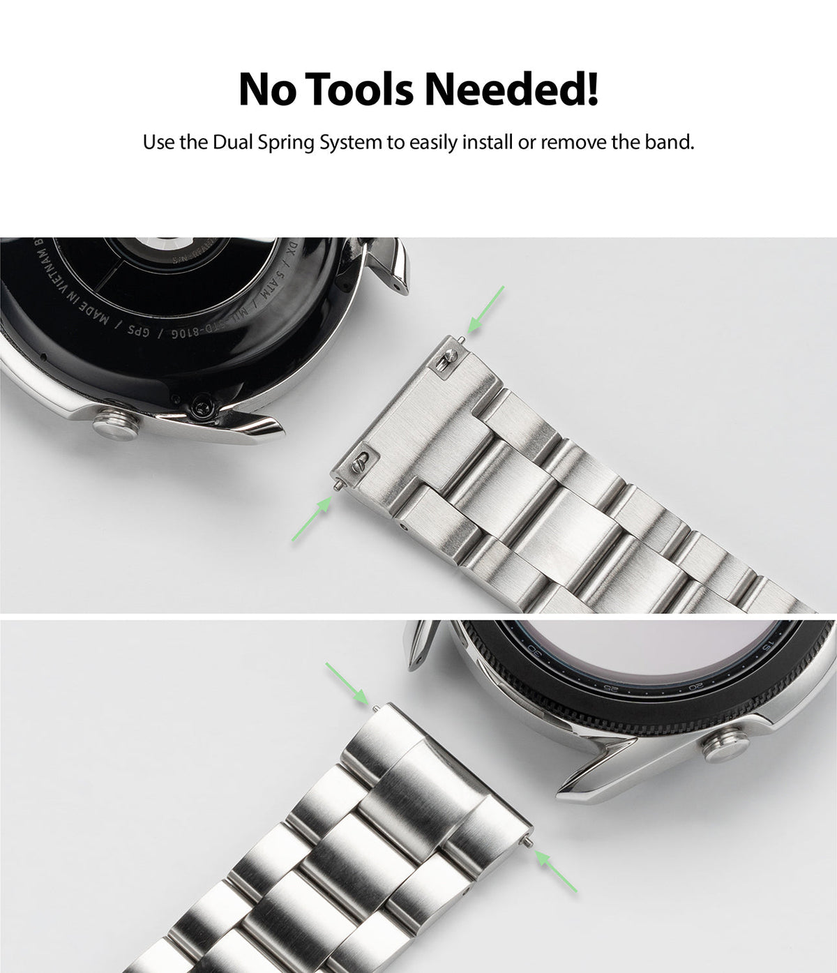 Watch Lug 20mm | Metal One Band - Silver metal watch band showing dual spring pins for tool-free installation on a watch case.