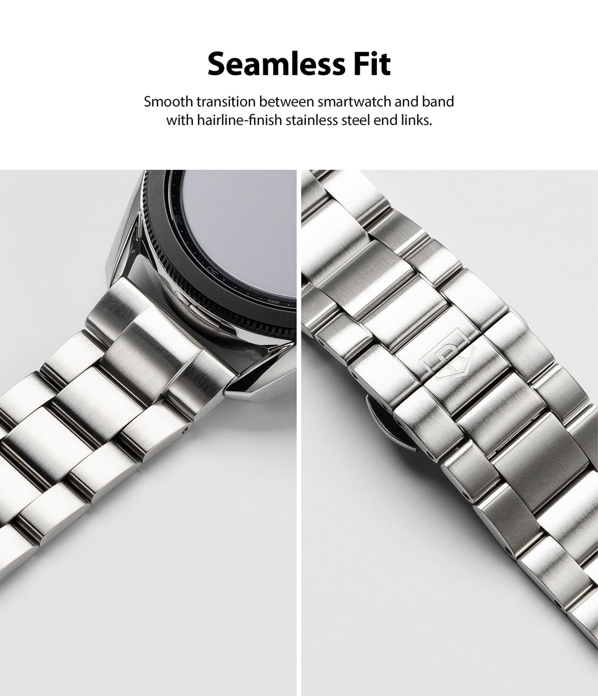 Watch Lug 20mm | Metal One Band - Brushed stainless steel watch band showing a seamless fit and engraved clasp logo.
