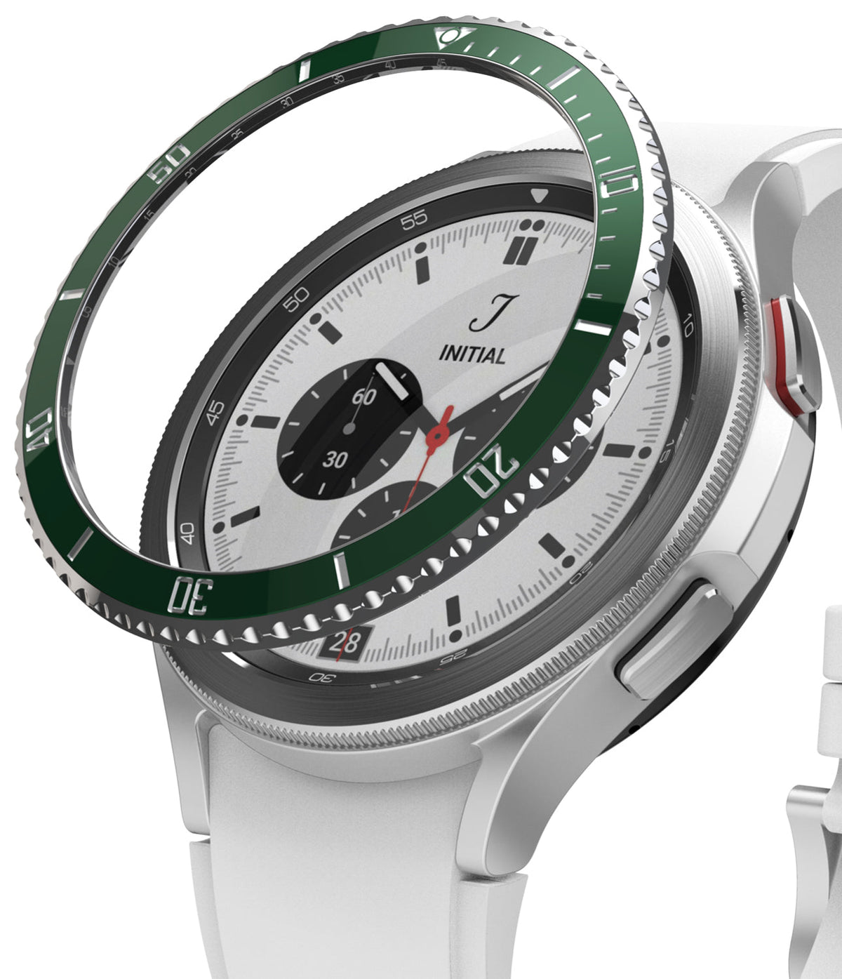Galaxy Watch 4 Classic 42mm | Bezel Styling - Galaxy Watch 4 Classic 42mm | A green bezel styling ring hovering above a silver smartwatch with a white strap.