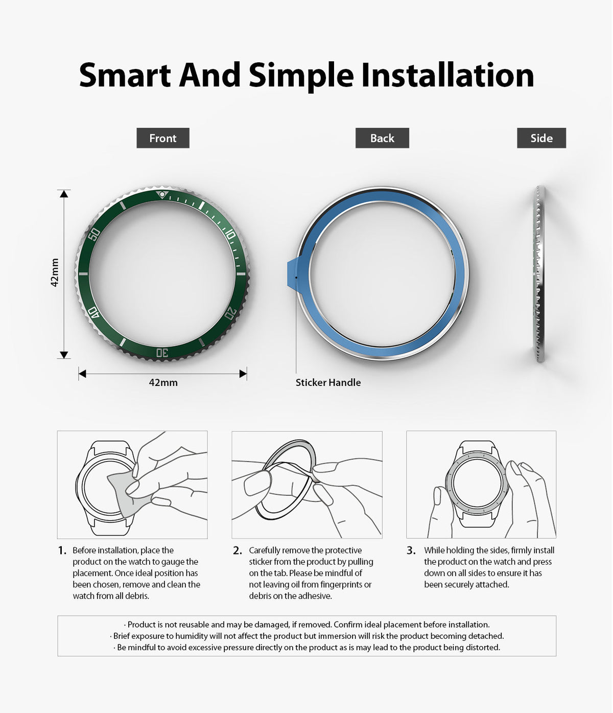 Galaxy Watch 4 Classic 42mm | Bezel Styling - Three views of a watch bezel and a three-step illustrated installation guide.