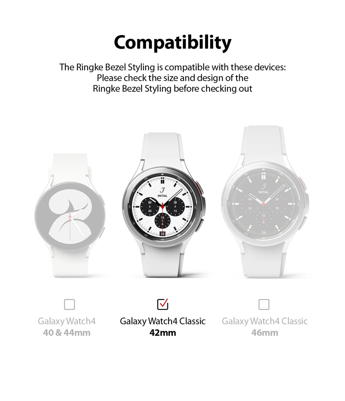 Galaxy Watch 4 Classic 42mm | Bezel Styling - Compatibility chart showing the 42mm model selected among three watches.