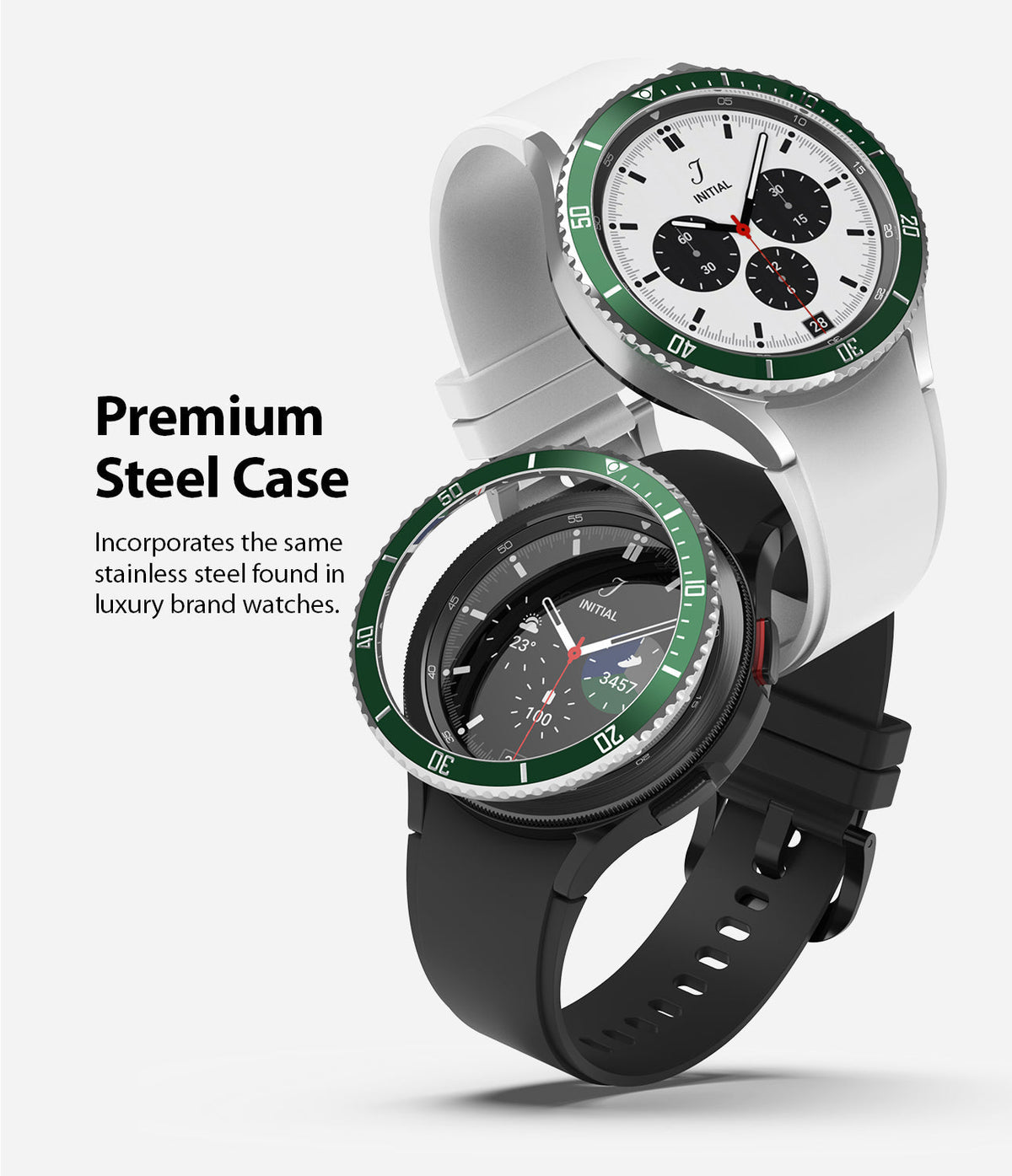 Galaxy Watch 4 Classic 42mm | Bezel Styling - Galaxy Watch 4 Classic 42mm | Two smartwatches with white and black bands featuring green stainless steel bezel covers.