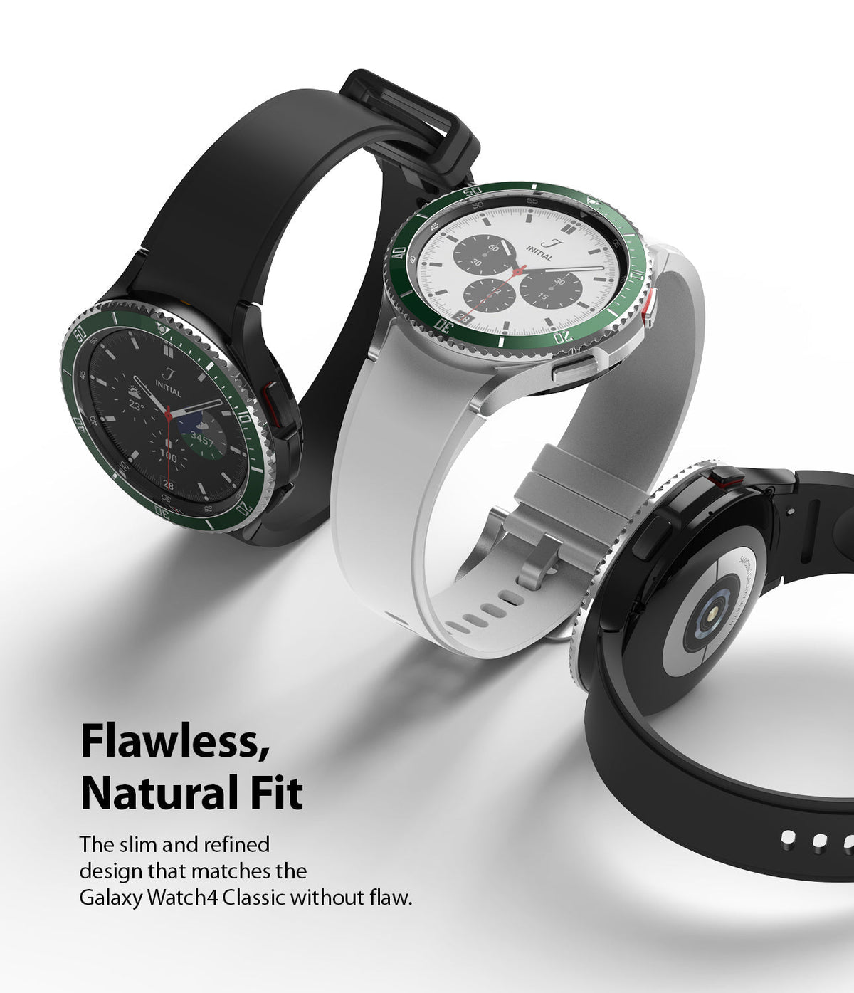 Galaxy Watch 4 Classic 42mm | Bezel Styling - Three Galaxy Watch 4 Classic units with green bezel rings and silicone bands.