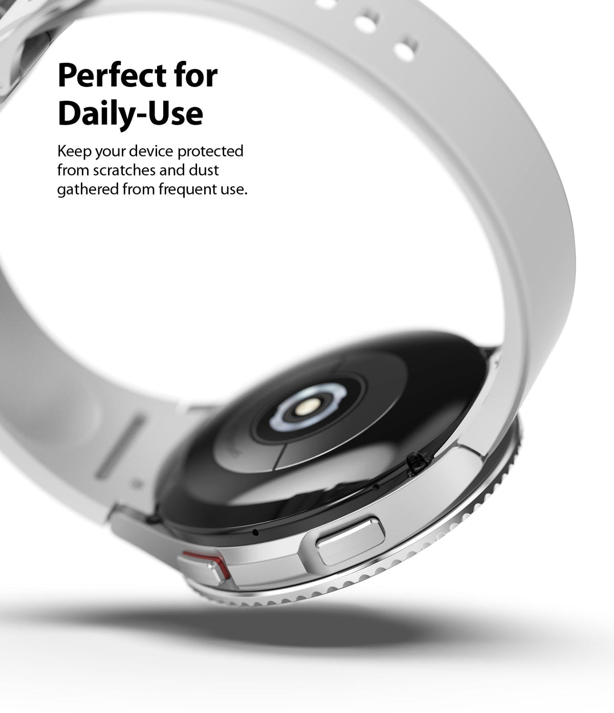 Galaxy Watch 4 Classic 42mm | Bezel Styling - Silver smartwatch with white band shown from the back, highlighting the casing.