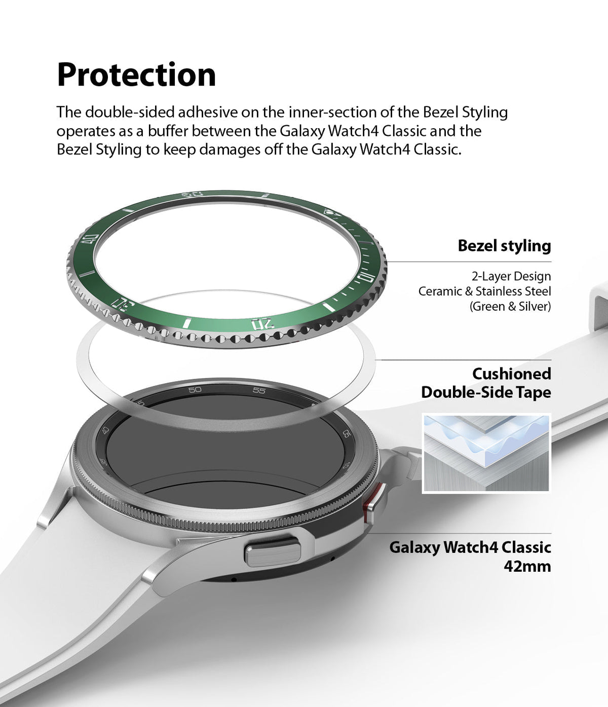 Galaxy Watch 4 Classic 42mm | Bezel Styling - Exploded view showing a green bezel ring, adhesive tape, and watch face.