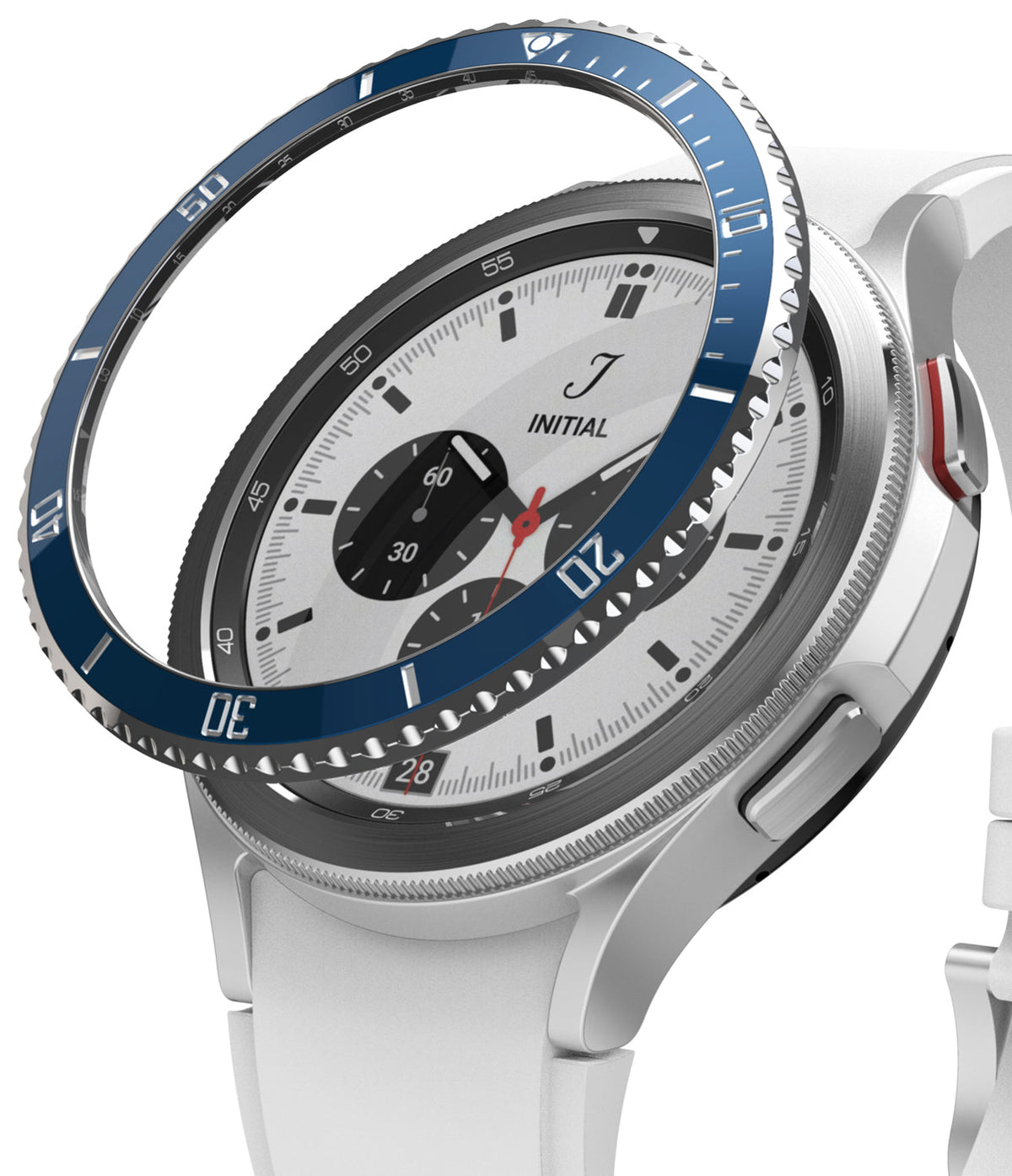 Galaxy Watch 4 Classic 42mm | Bezel Styling - A blue metallic bezel ring hovering above a silver smartwatch with a white band.