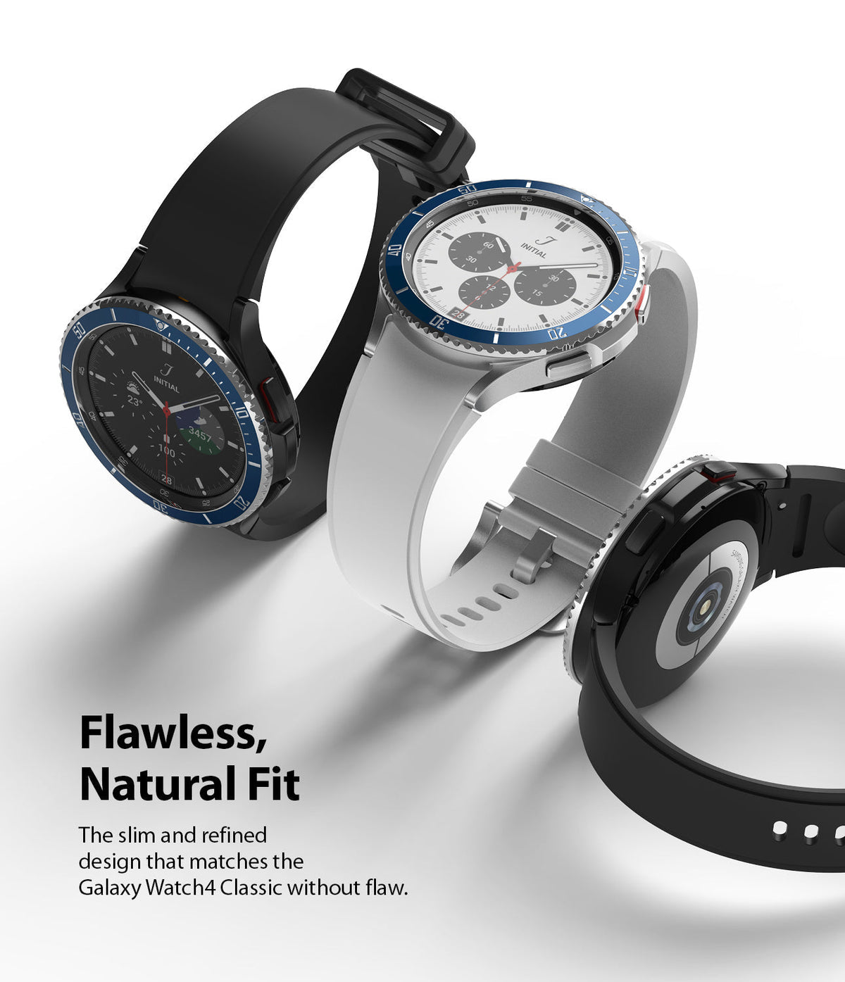 Galaxy Watch 4 Classic 42mm | Bezel Styling - Galaxy Watch 4 Classic 42mm - Three smartwatches with blue bezel styling and black or white silicone bands on white.