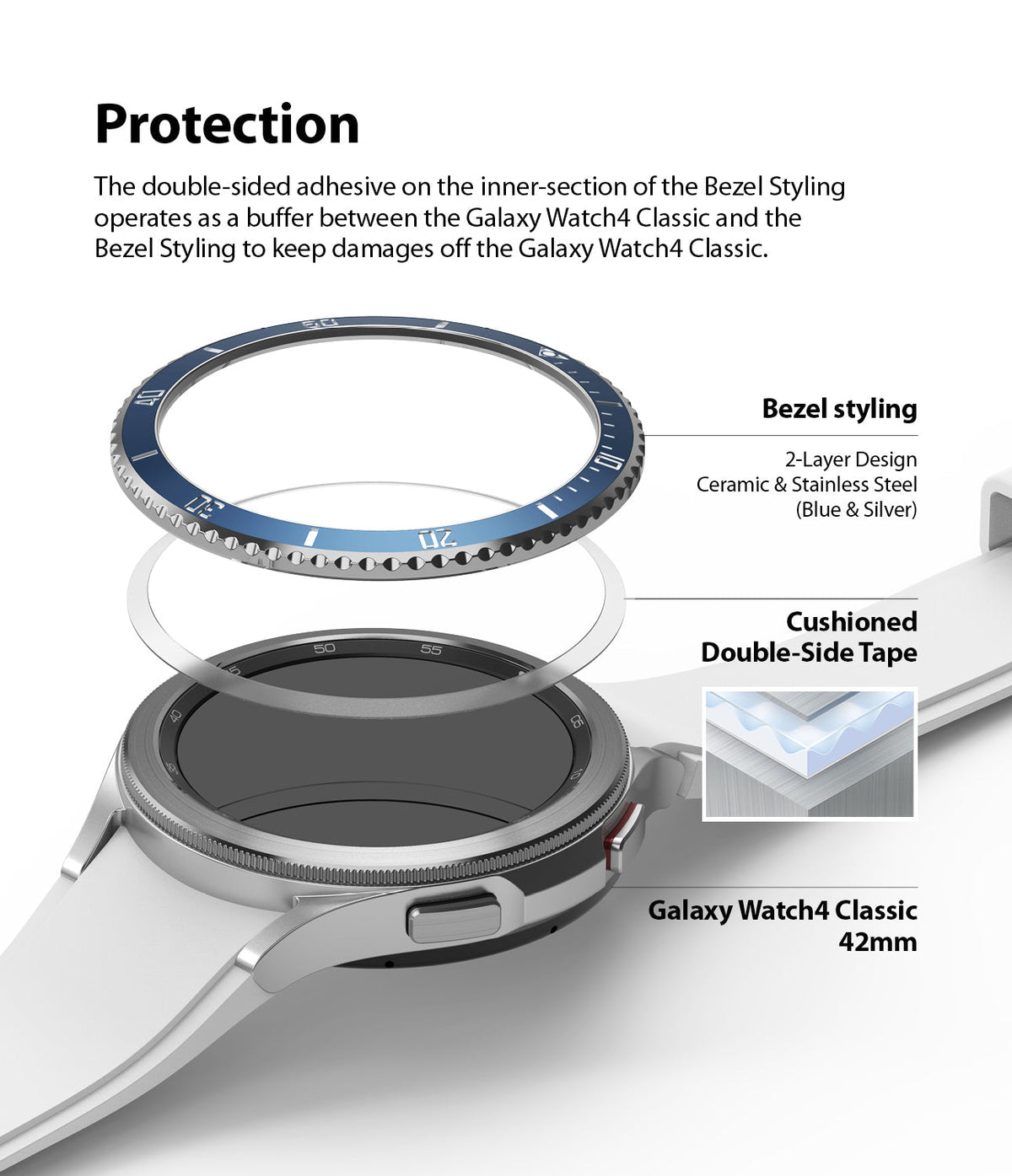 Galaxy Watch 4 Classic 42mm | Bezel Styling - Exploded view showing bezel, adhesive tape, and watch body assembly.