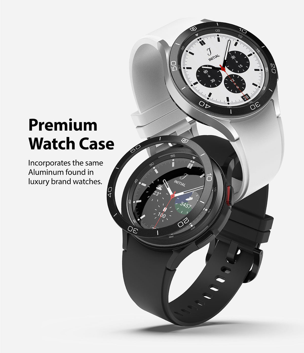 Galaxy Watch 4 Classic 42mm | Bezel Styling - Two Galaxy Watch 4 Classic smartwatches with black aluminum bezel covers.