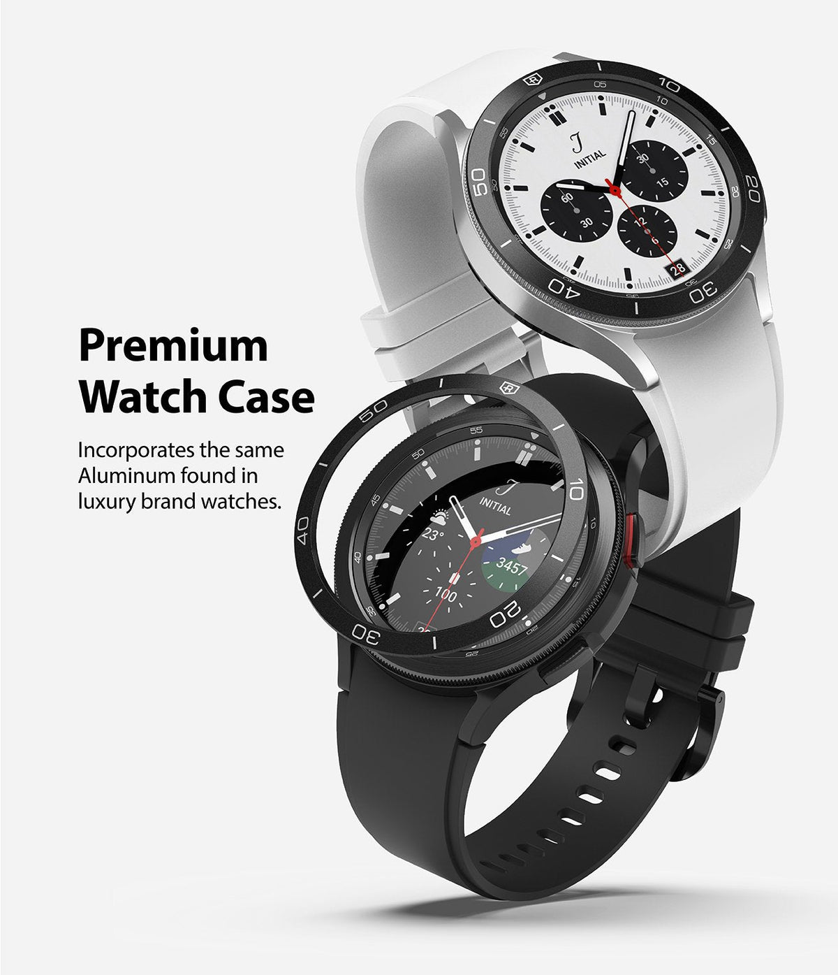 Galaxy Watch 4 Classic 46mm | Bezel Styling - Two Galaxy Watch 4 smartwatches with black aluminum bezel covers.