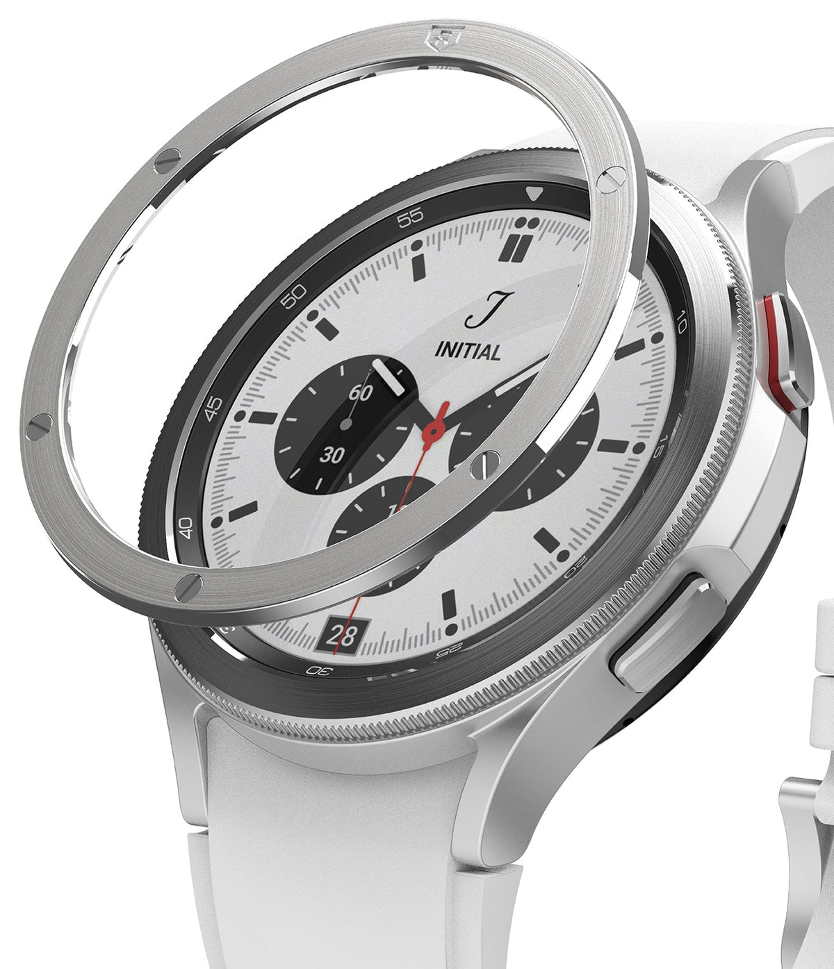 Galaxy Watch 4 Classic 42mm | Bezel Styling - Galaxy Watch 4 Classic 42mm | A silver metal bezel ring hovering above a white Galaxy Watch 4 Classic with a white band.