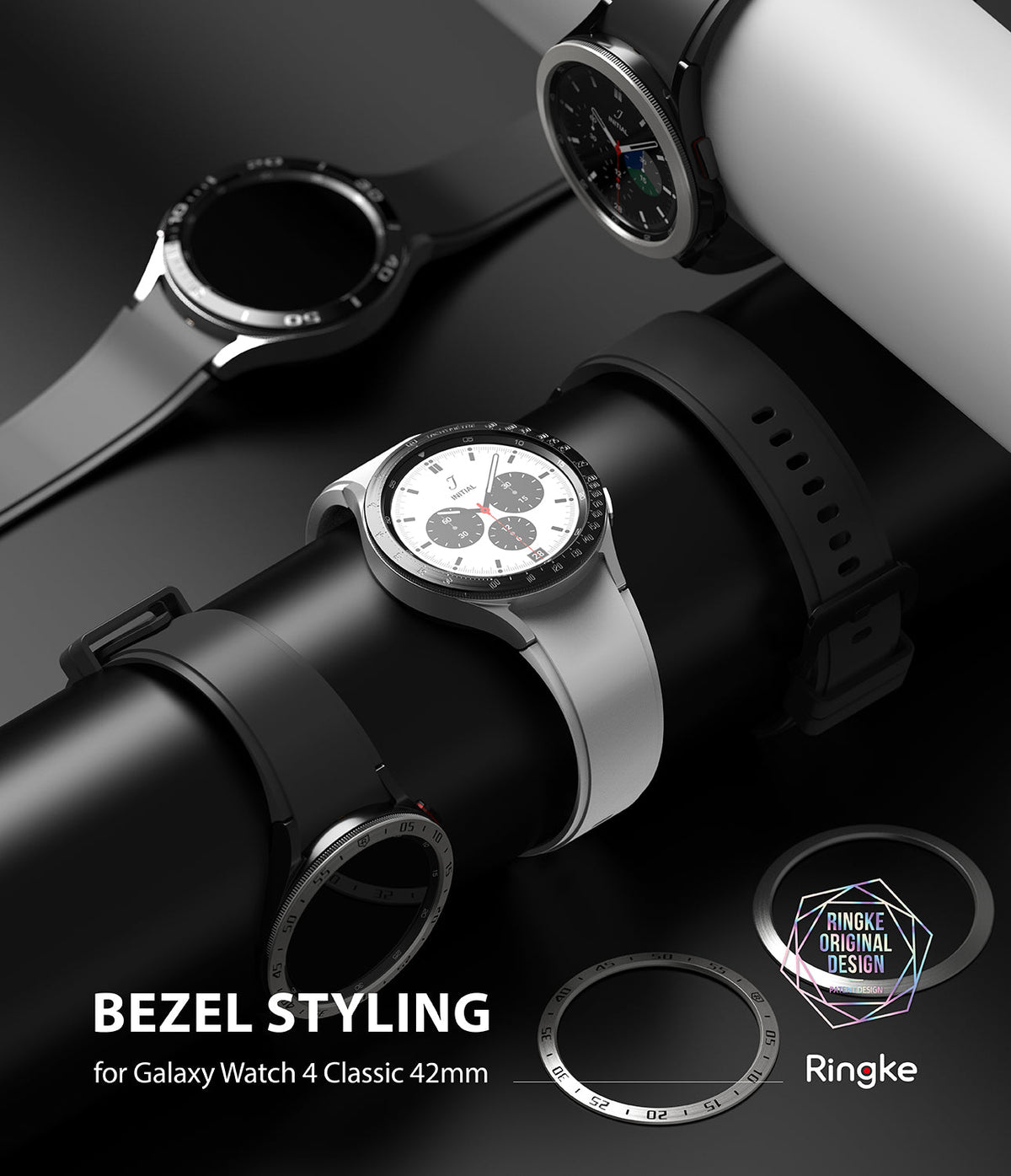 Galaxy Watch 4 Classic 42mm | Bezel Styling - Three Galaxy Watch 4 Classic smartwatches with various metallic bezel covers.