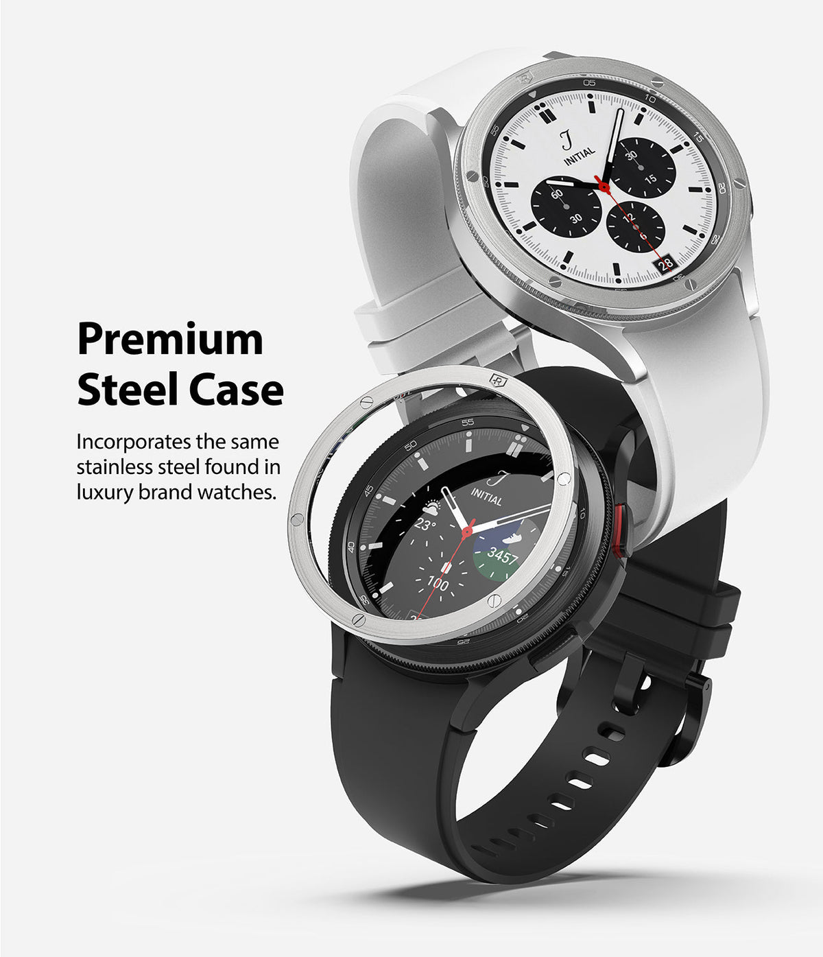 Galaxy Watch 4 Classic 42mm | Bezel Styling - Two Galaxy Watch 4 Classic smartwatches with stainless steel bezels.