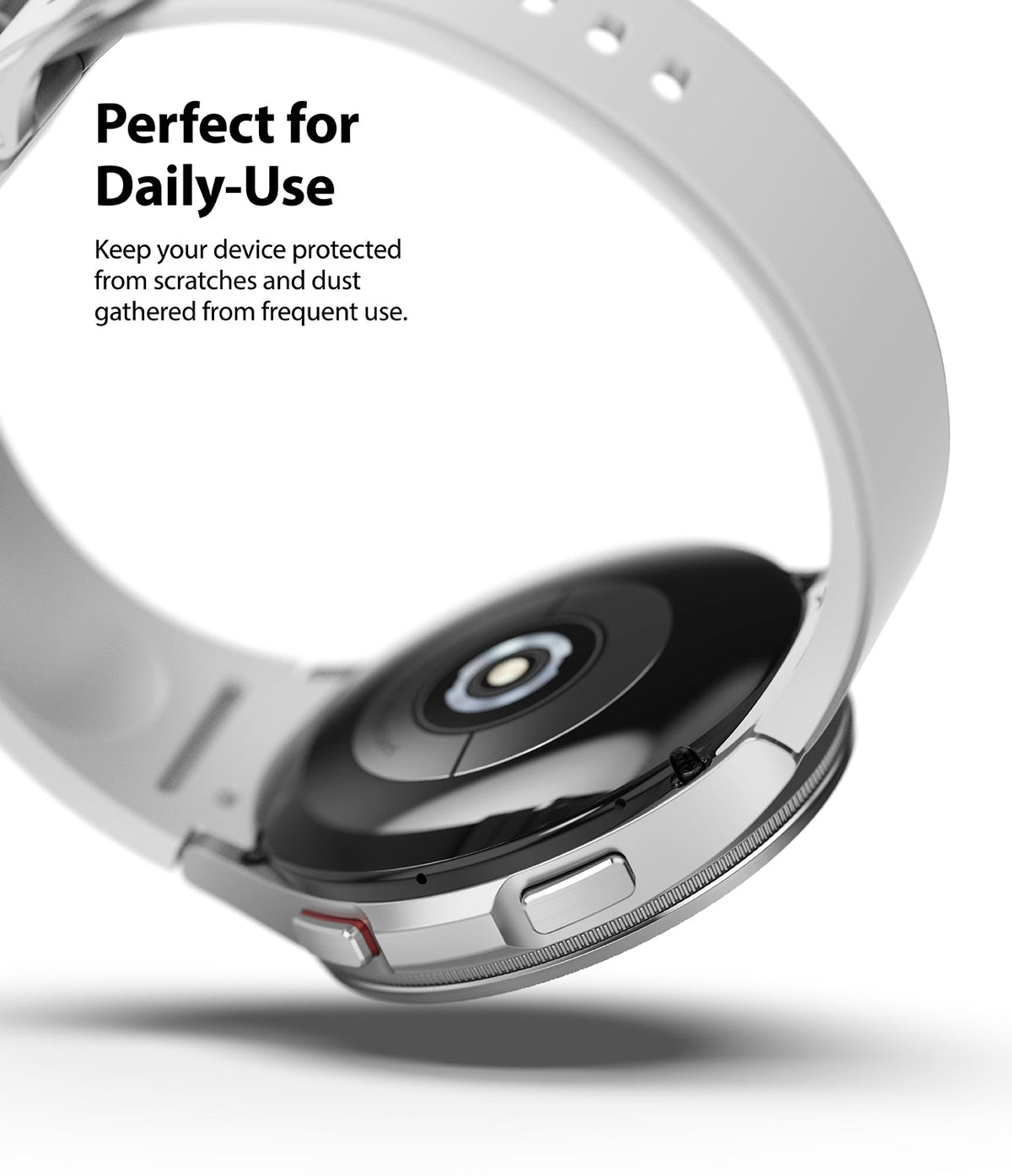 Galaxy Watch 4 Classic 42mm | Bezel Styling - Galaxy Watch 4 Classic 42mm - Silver smartwatch with white band shown from the back, highlighting the casing and buttons.