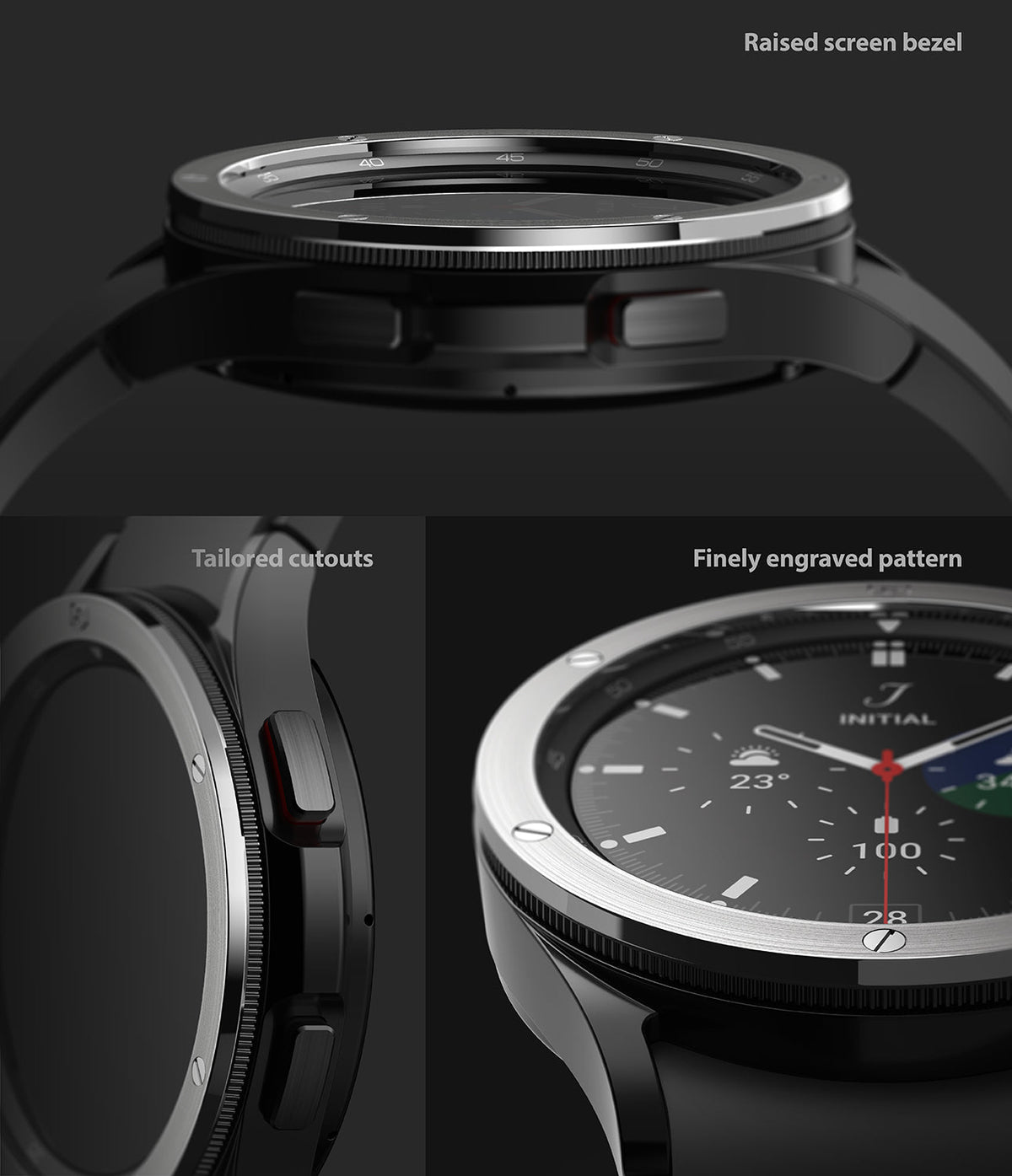 Galaxy Watch 4 Classic 42mm | Bezel Styling - Close-up views of a silver watch bezel showing raised edges and engravings.