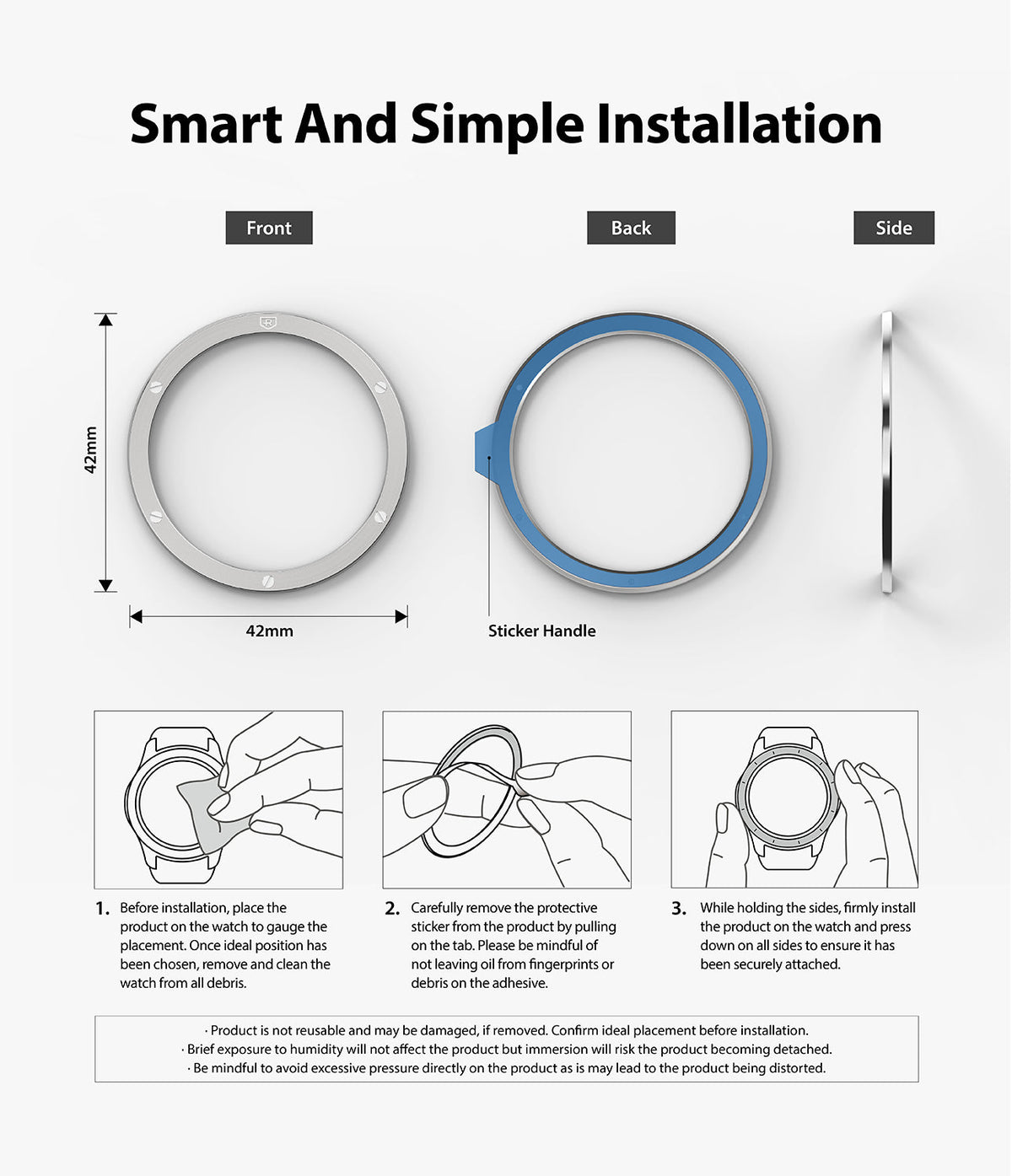 Galaxy Watch 4 Classic 42mm | Bezel Styling - Installation guide showing front, back, and side views with three steps.
