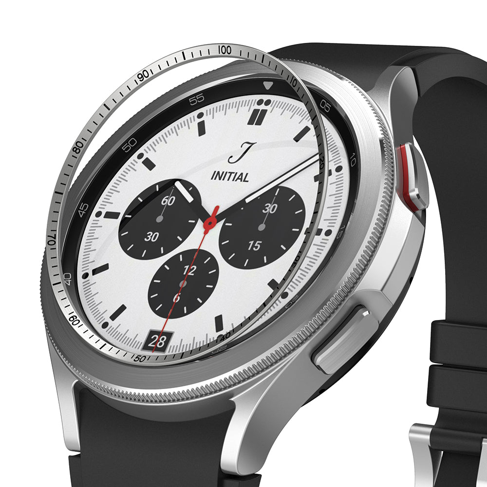 Galaxy Watch 4 Classic 42mm | Inner Bezel Styling - Silver metallic inner bezel ring hovering above a smartwatch face.