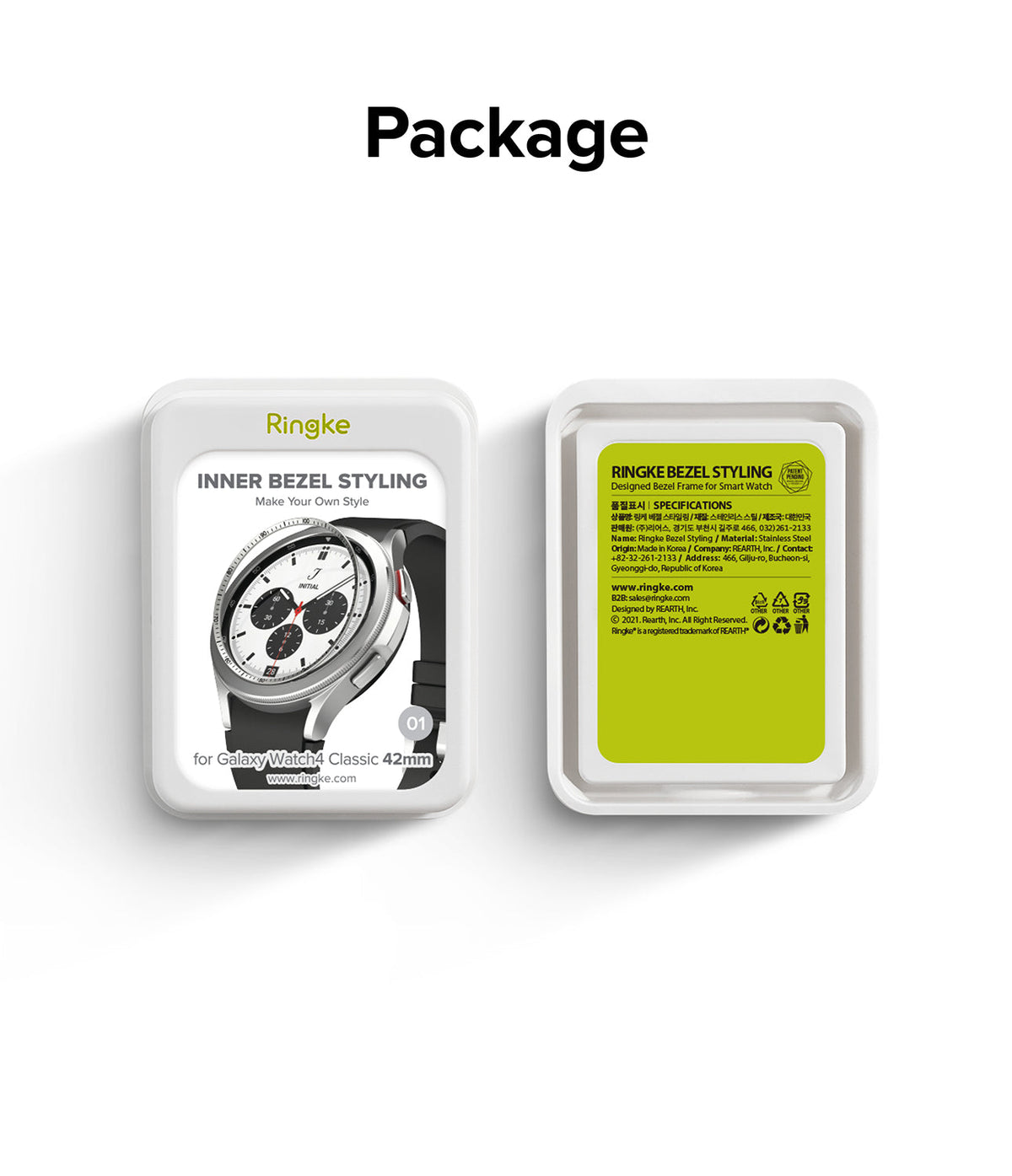 Galaxy Watch 4 Classic 42mm | Inner Bezel Styling - Ringke packaging showing a smartwatch bezel accessory and specs.