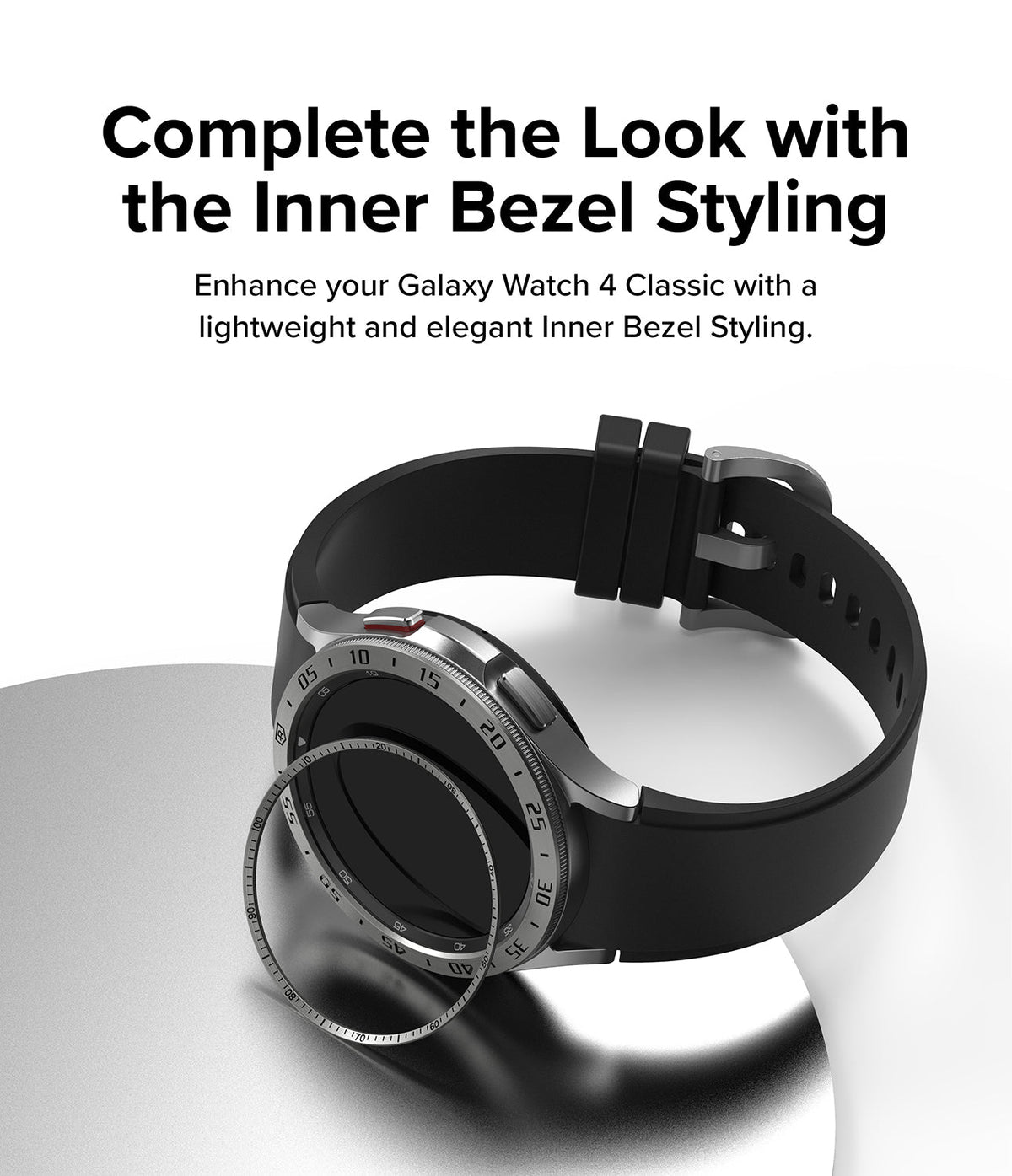Galaxy Watch 4 Classic 42mm | Inner Bezel Styling - A Galaxy Watch 4 Classic with a metallic inner bezel ring accessory.