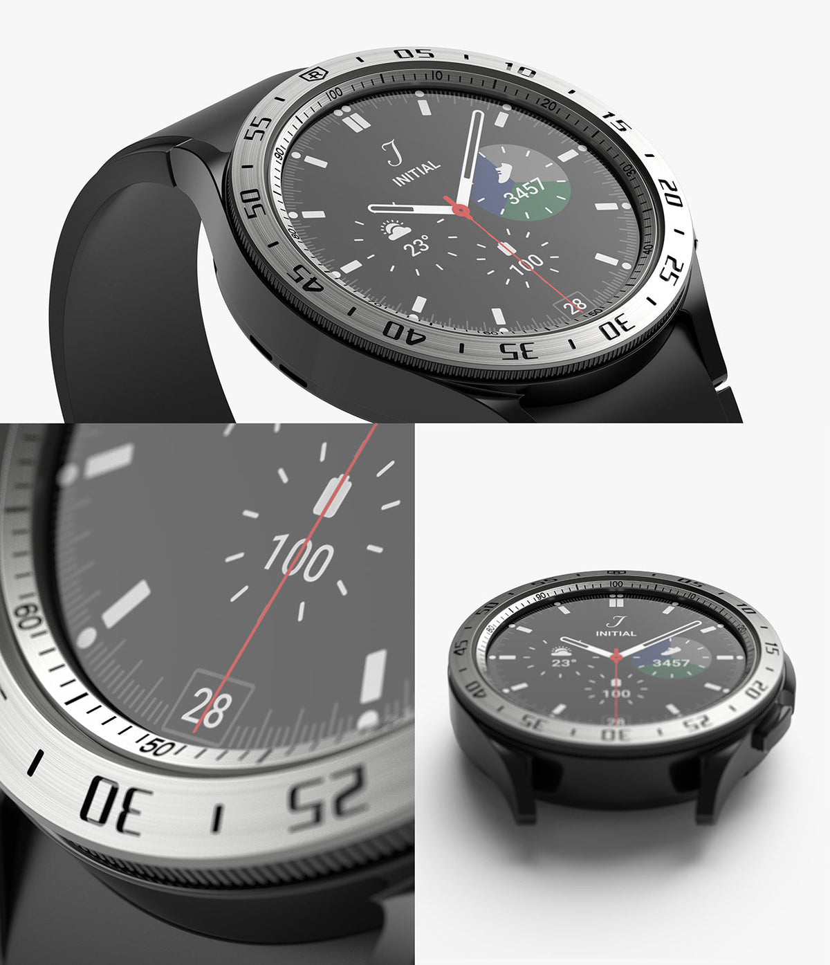 Galaxy Watch 4 Classic 42mm | Inner Bezel Styling - Silver metallic inner bezel ring with minute markers on a black watch.