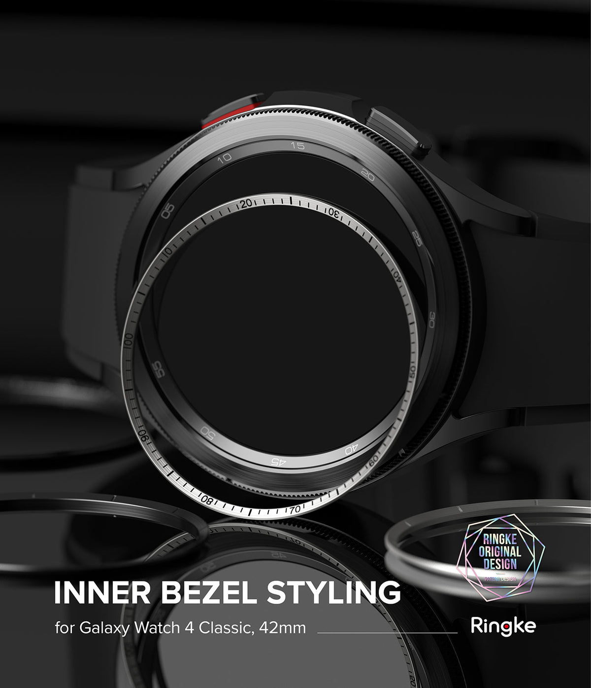 Galaxy Watch 4 Classic 42mm | Inner Bezel Styling - Close-up of a black smartwatch with a silver numbered inner bezel ring.