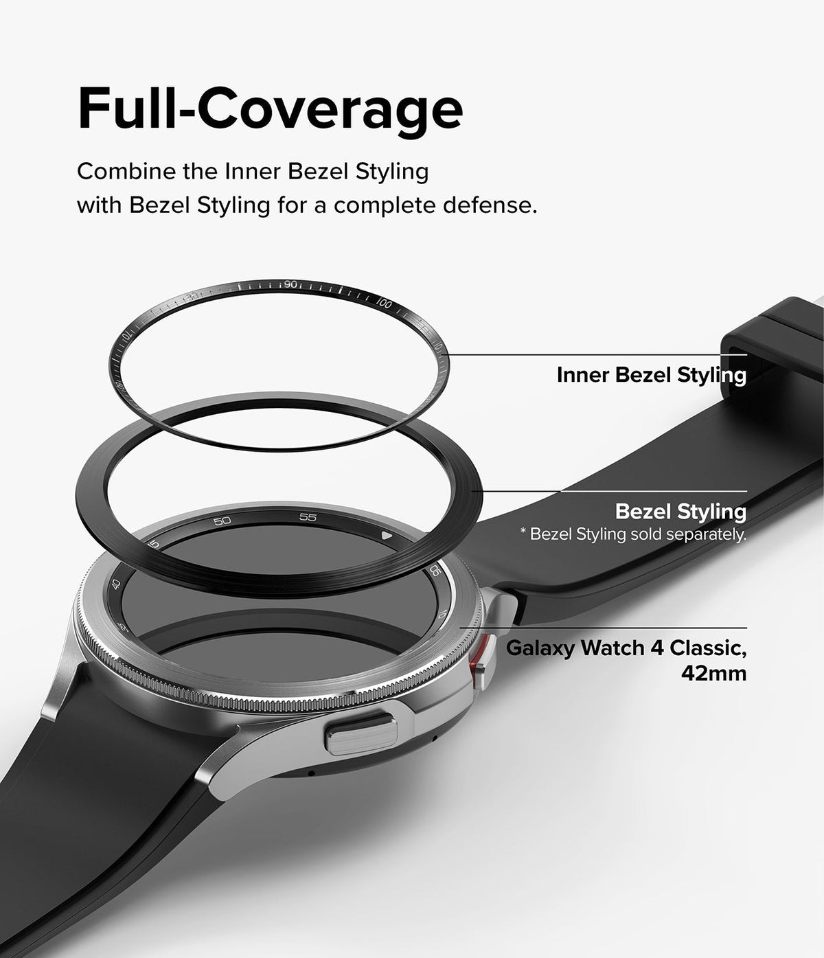 Galaxy Watch 4 Classic 42mm | Inner Bezel Styling - Exploded view showing inner and outer bezel rings above the watch.