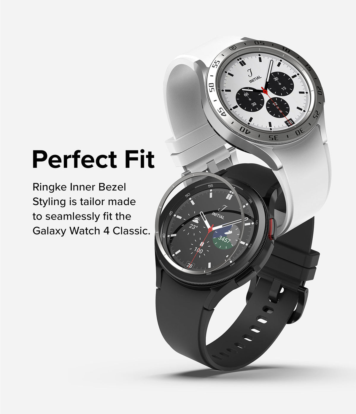 Galaxy Watch 4 Classic 42mm | Inner Bezel Styling - White and black Galaxy Watch 4 Classic models with Ringke inner bezels.