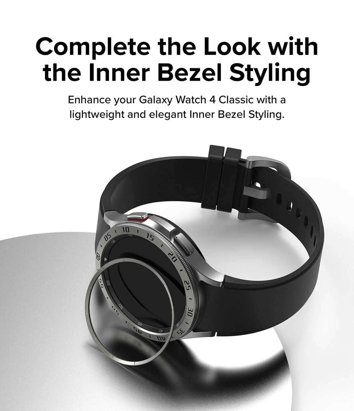 Galaxy Watch 4 Classic 42mm | Inner Bezel Styling - A metallic inner bezel ring hovering above a Galaxy Watch 4 Classic.