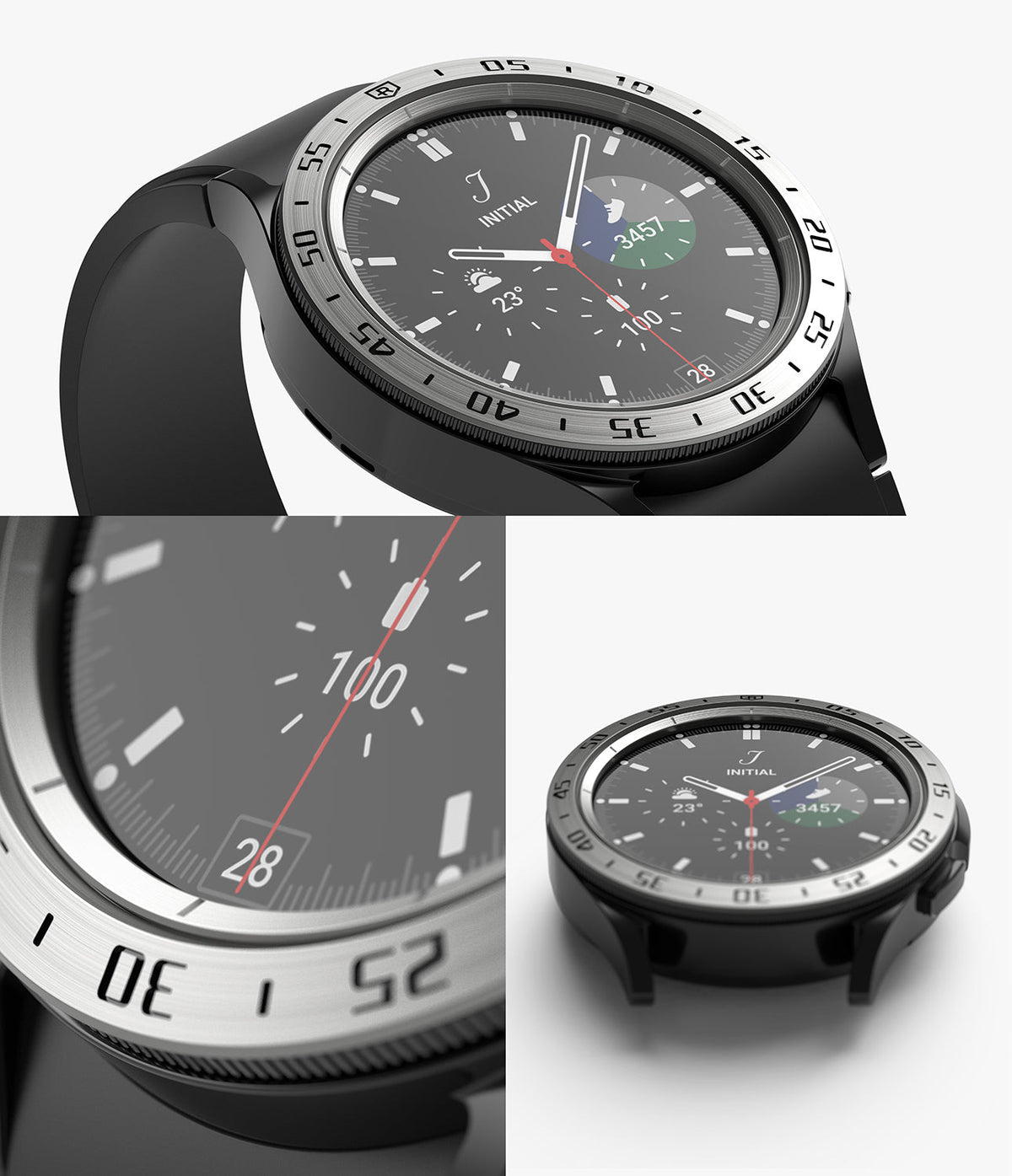 Galaxy Watch 4 Classic 42mm | Inner Bezel Styling - Galaxy Watch 4 Classic 42mm - Close-up views of a silver metal inner bezel styling ring attached to a black smartwatch.