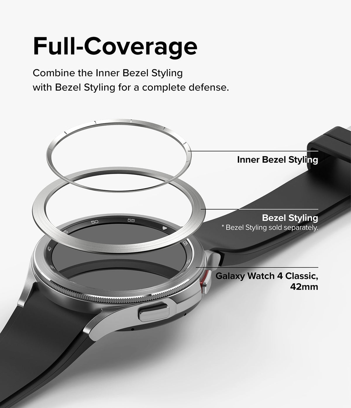 Galaxy Watch 4 Classic 42mm | Inner Bezel Styling - Exploded view of inner and outer bezel rings above a smartwatch.