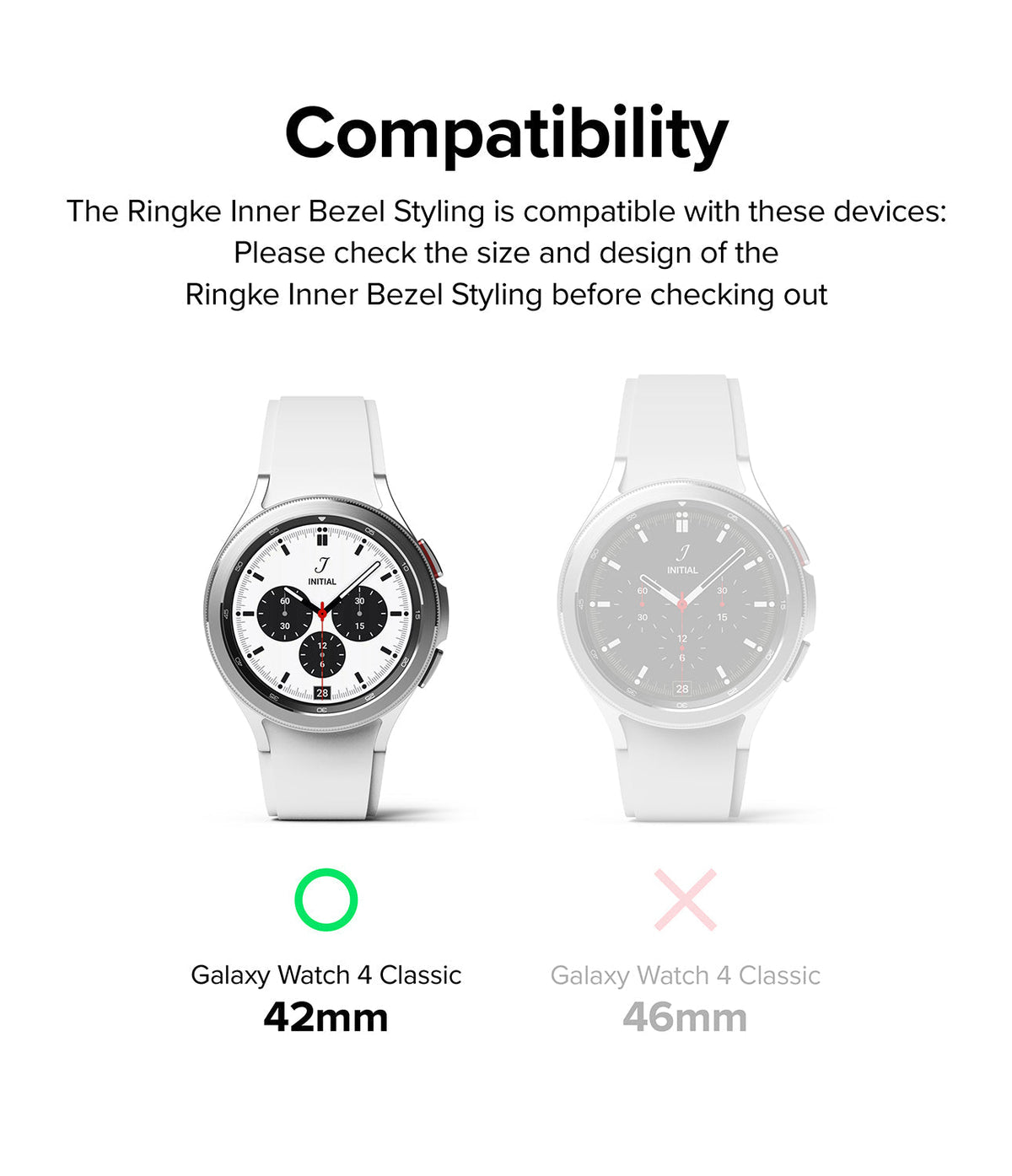 Galaxy Watch 4 Classic 42mm | Inner Bezel Styling - Compatibility chart showing 42mm watch as compatible and 46mm as not.