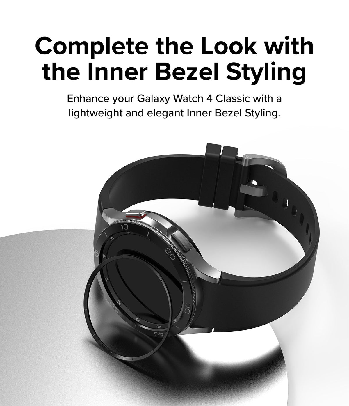 Galaxy Watch 4 Classic 42mm | Inner Bezel Styling - Black inner bezel ring hovering above a Galaxy Watch 4 Classic.