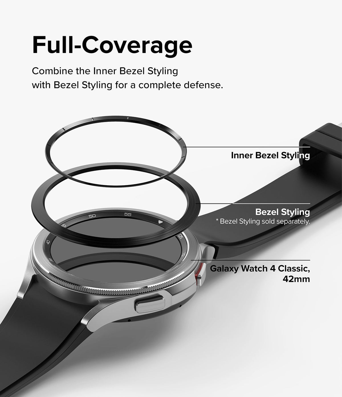 Galaxy Watch 4 Classic 42mm | Inner Bezel Styling - Exploded view of inner and outer bezel rings for a smartwatch.