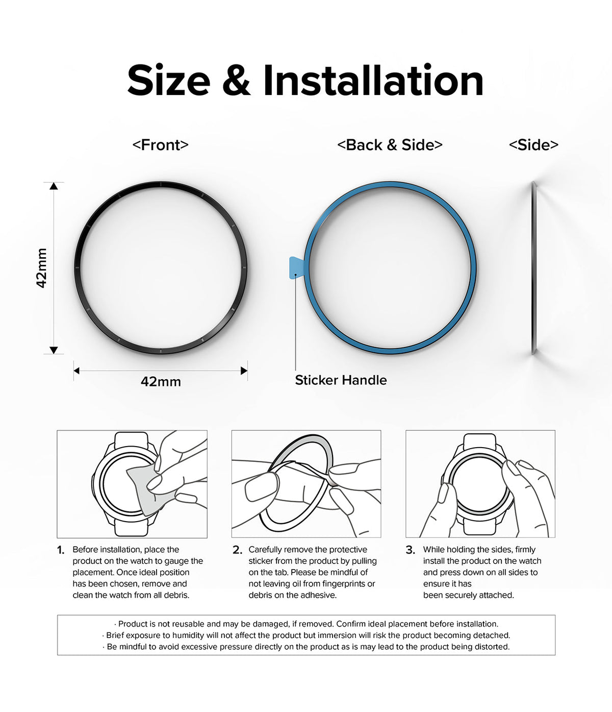 Galaxy Watch 4 Classic 42mm | Inner Bezel Styling - Installation guide showing bezel dimensions and three-step process.
