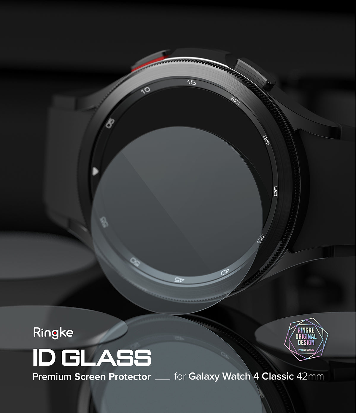 Galaxy Watch 4 Classic 42mm Screen Protector | Glass - R1 - Transparent glass screen protector hovering over a black smartwatch.