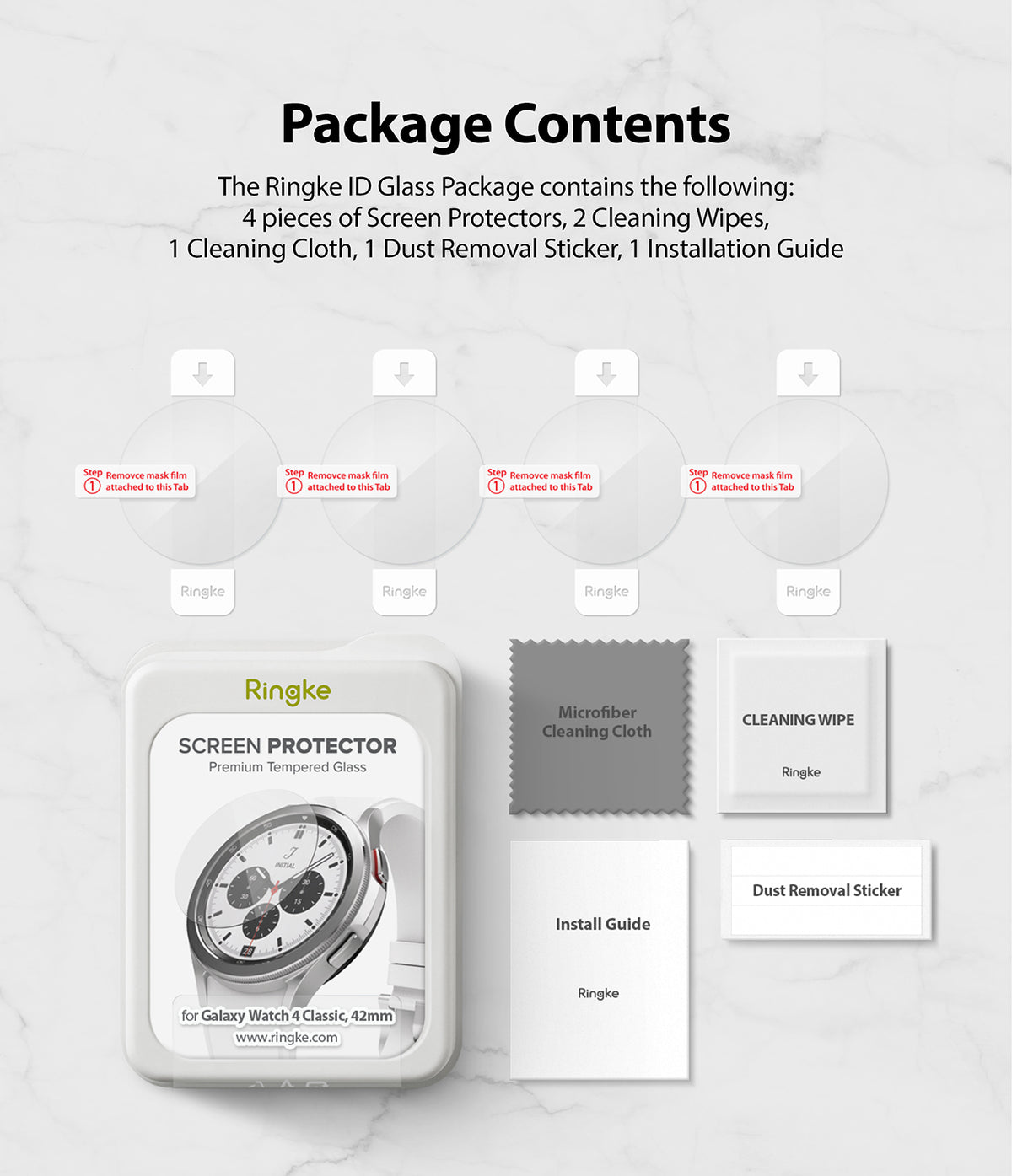 Galaxy Watch 4 Classic 42mm Screen Protector | Glass - R1 - Galaxy Watch 4 Classic 42mm Screen Protector - Four glass protectors, cleaning cloth, wipes, sticker, and guide in box.
