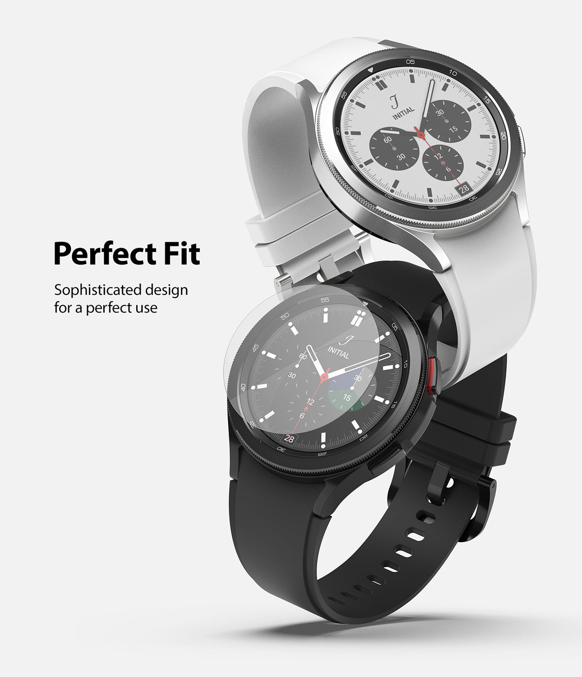 Galaxy Watch 4 Classic 42mm Screen Protector | Glass - R1 - Galaxy Watch 4 Classic 42mm Screen Protector - Silver and black smartwatches stacked with a clear glass screen protector.