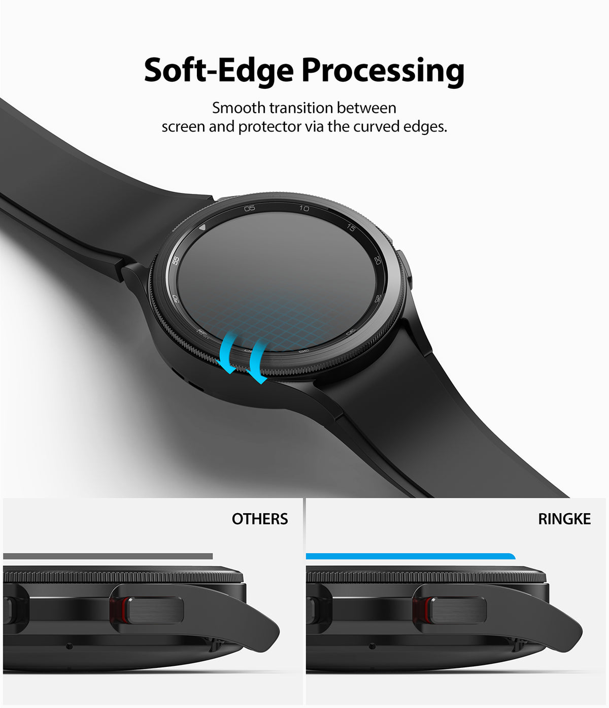 Galaxy Watch 4 Classic 42mm Screen Protector | Glass - R1 - Galaxy Watch 4 Classic 42mm Screen Protector - Comparison showing Ringke's curved glass edge vs. flat standard glass.