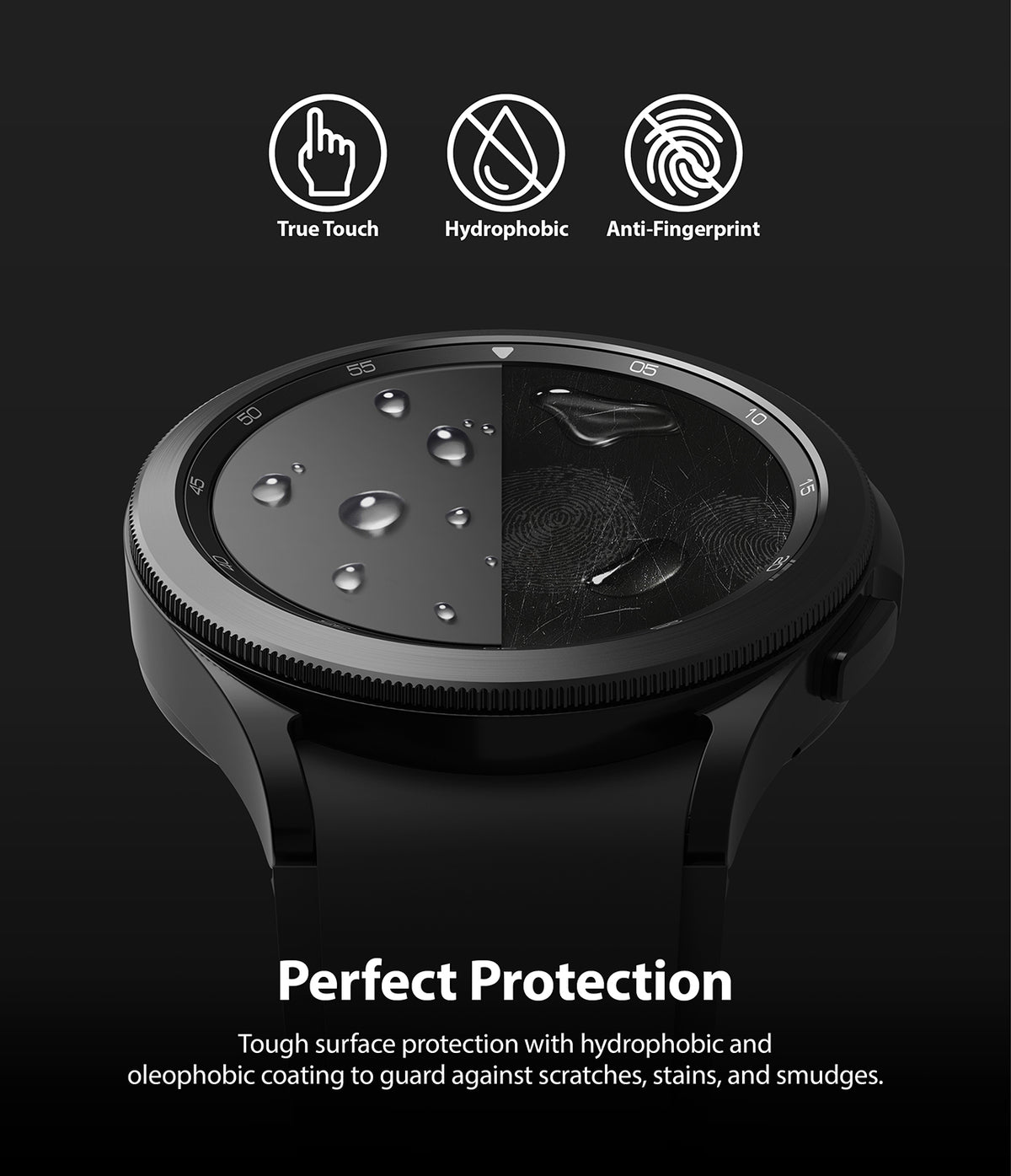 Galaxy Watch 4 Classic 42mm Screen Protector | Glass - R1 - Galaxy Watch 4 Classic 42mm Screen Protector - Split screen showing water beading and fingerprint resistance on watch.