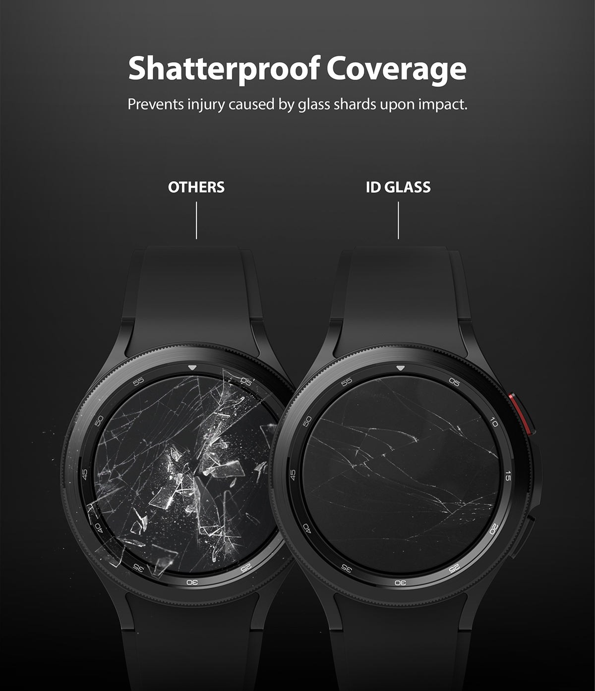 Galaxy Watch 4 Classic 42mm Screen Protector | Glass - R1 - Comparison of shattered standard glass versus intact ID glass.