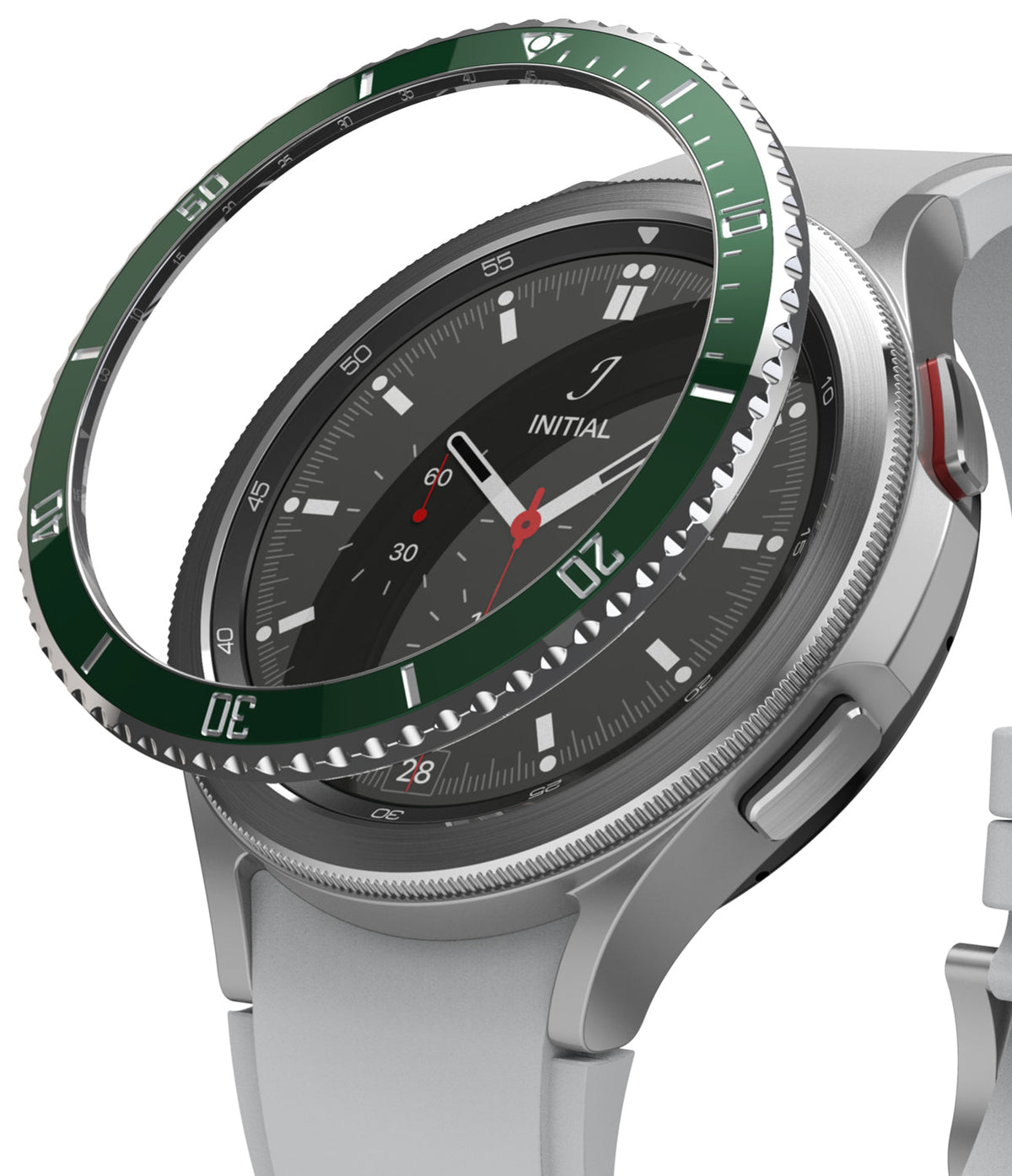 Galaxy Watch 4 Classic 46mm | Bezel Styling - Galaxy Watch 4 Classic 46mm - A green metallic bezel ring hovering above a silver smartwatch with a black analog watch face.