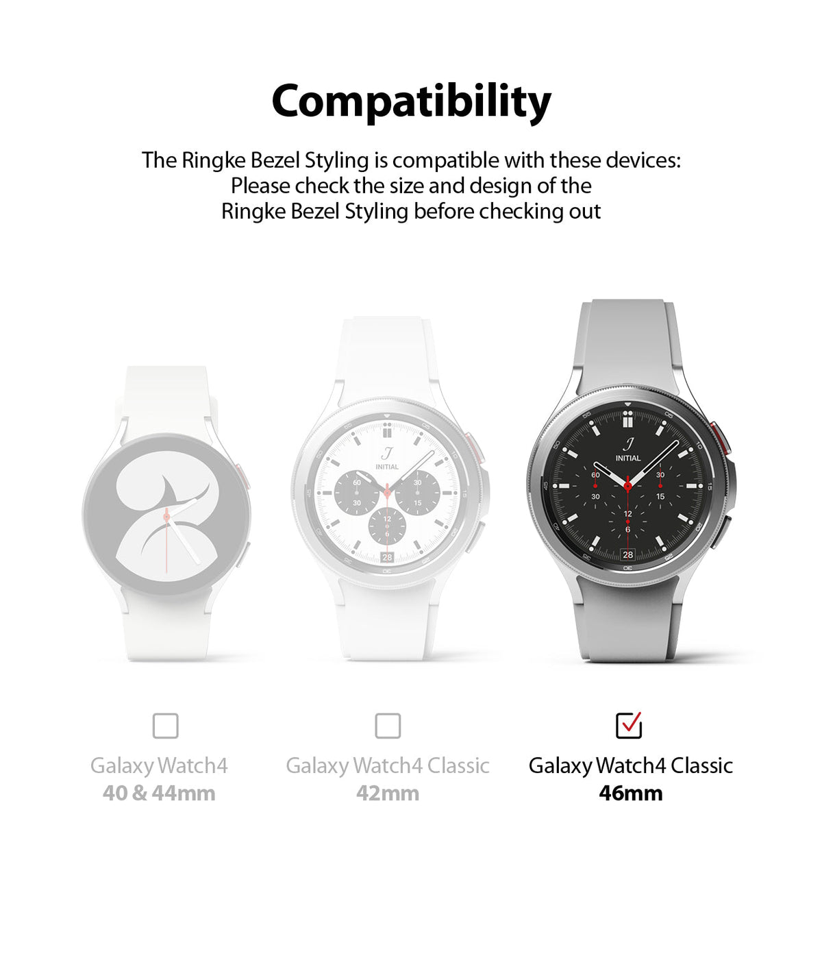 Galaxy Watch 4 Classic 46mm | Bezel Styling - Compatibility chart showing Galaxy Watch 4 Classic 46mm selected among models.