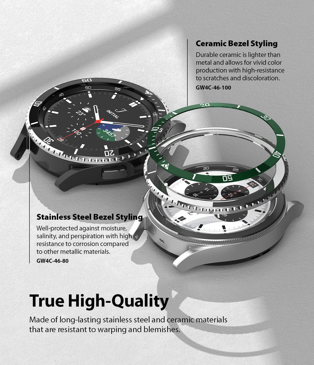 Galaxy Watch 4 Classic 46mm | Bezel Styling - Exploded view of black and silver smartwatches with ceramic and steel bezels.