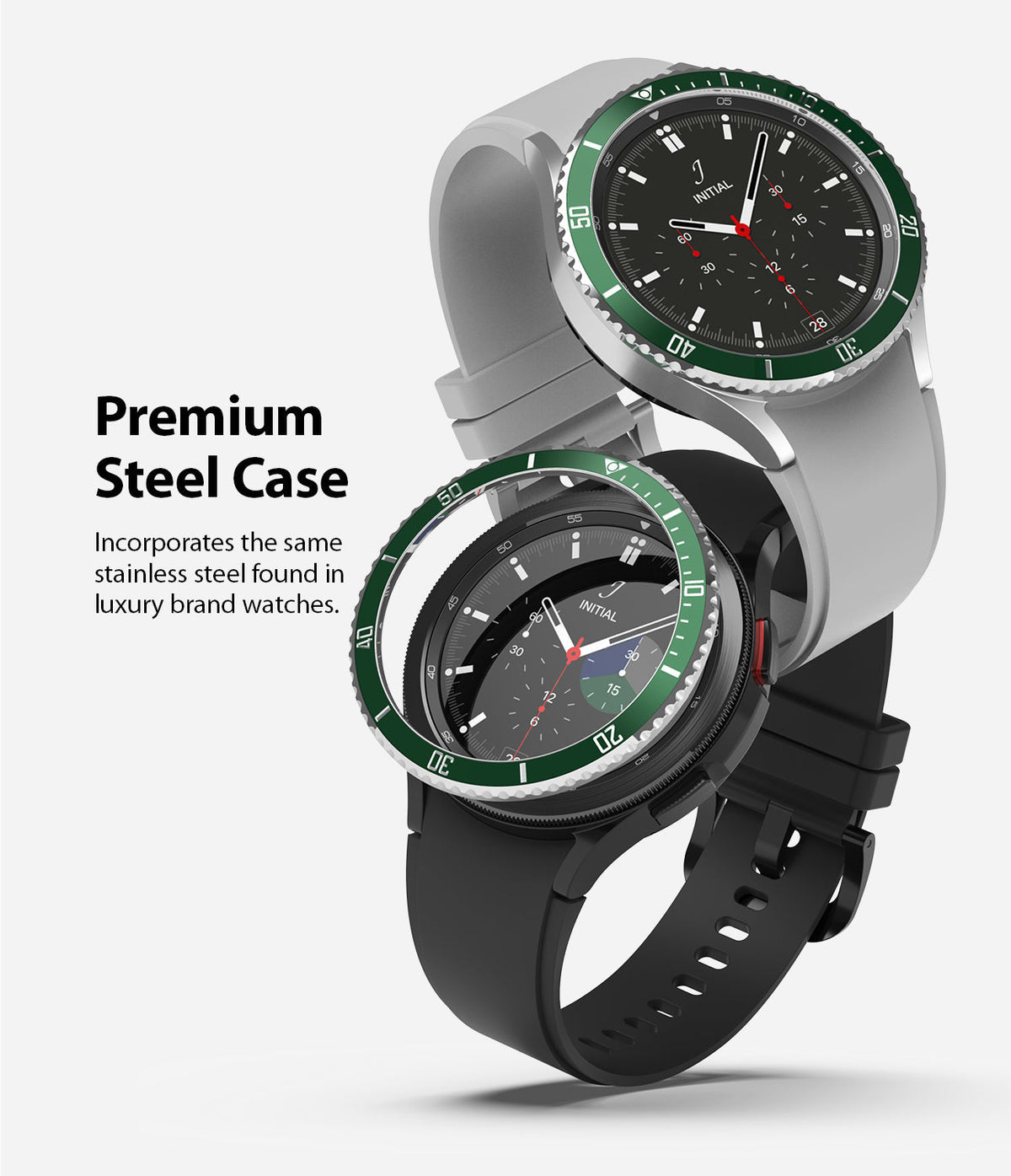 Galaxy Watch 4 Classic 46mm | Bezel Styling - Two Galaxy Watch 4 smartwatches with green stainless steel bezel rings.
