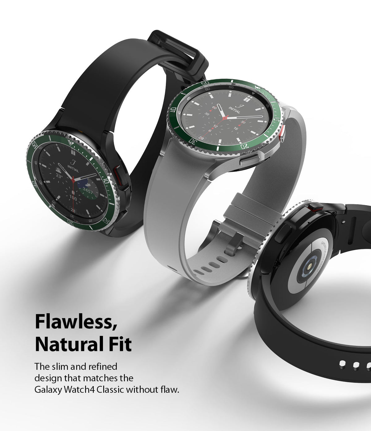 Galaxy Watch 4 Classic 46mm | Bezel Styling - Three Galaxy Watch 4 Classic units with green bezel rings and varied straps.