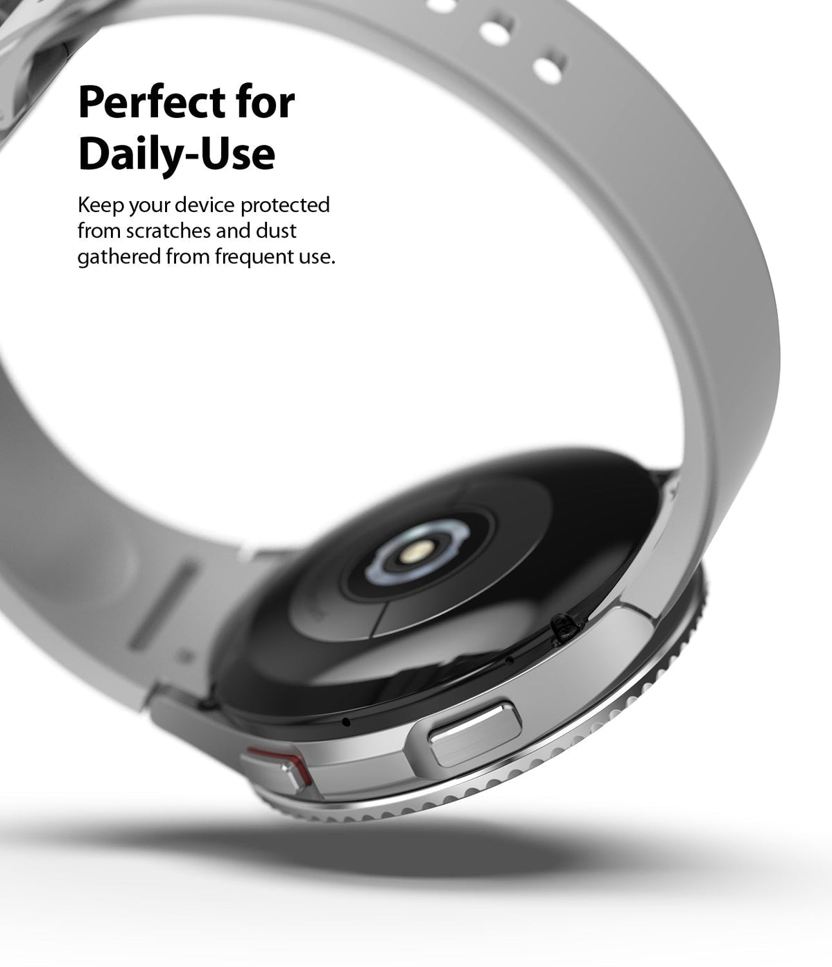 Galaxy Watch 4 Classic 46mm | Bezel Styling - Close-up of the silver smartwatch case and strap with text about daily protection.