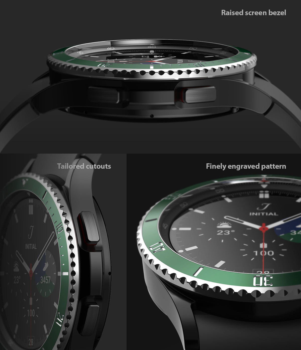 Galaxy Watch 4 Classic 46mm | Bezel Styling - Close-up of a green watch bezel with engraved patterns and raised edges.