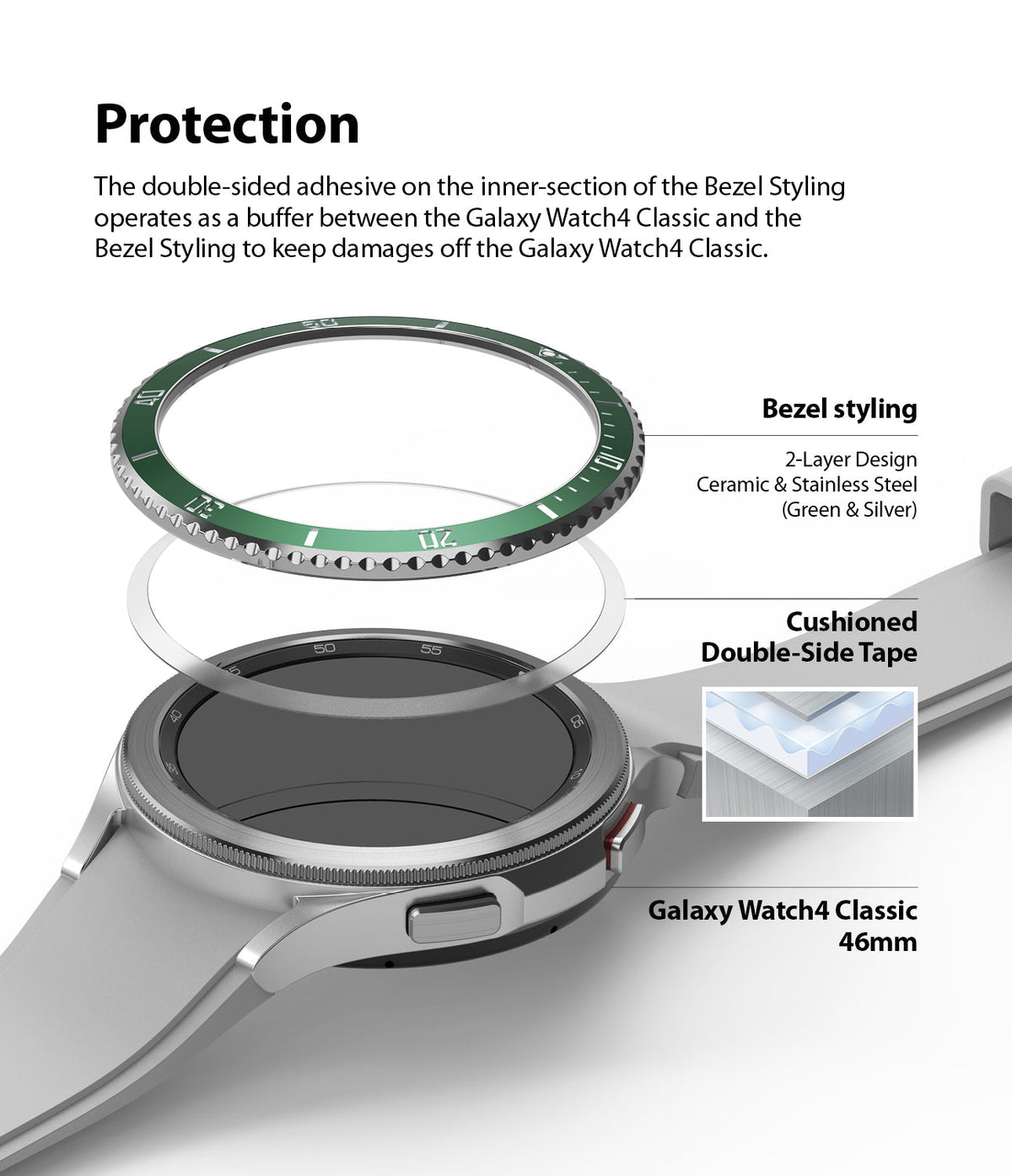 Galaxy Watch 4 Classic 46mm | Bezel Styling - Galaxy Watch 4 Classic 46mm | Exploded view of a green and silver bezel styling ring, adhesive tape, and a smartwatch.