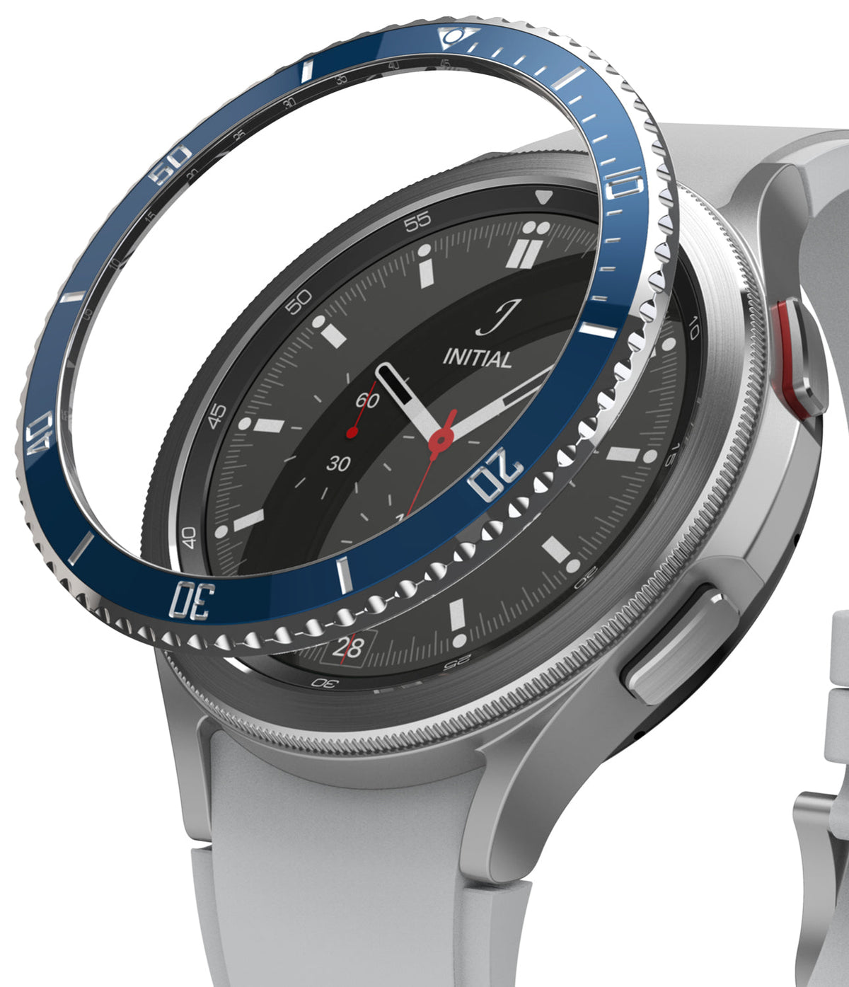 Galaxy Watch 4 Classic 46mm | Bezel Styling - Galaxy Watch 4 Classic 46mm | A blue metallic bezel ring hovering above a silver smartwatch with a black analog face.