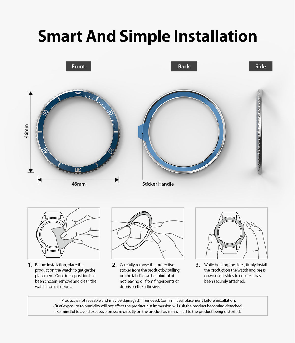 Galaxy Watch 4 Classic 46mm | Bezel Styling - Three views of a blue watch bezel with installation steps and instructions.